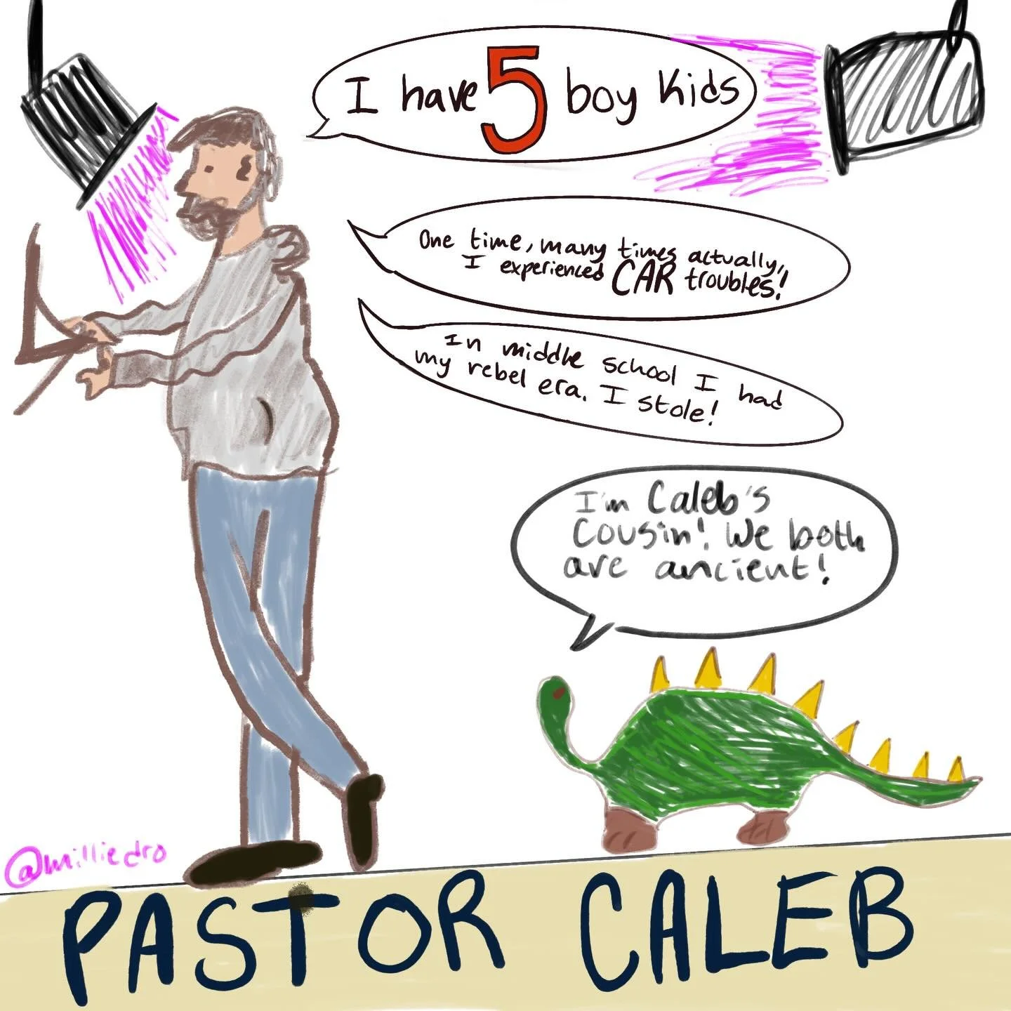 Shoutout to @milliedro for the fantastic portrait and description of pastor @caleb_gait at youth tonight.

All these things are true and the art is 10/10 😂👌🏻👍🏻

What other things does pastor Caleb say or do??