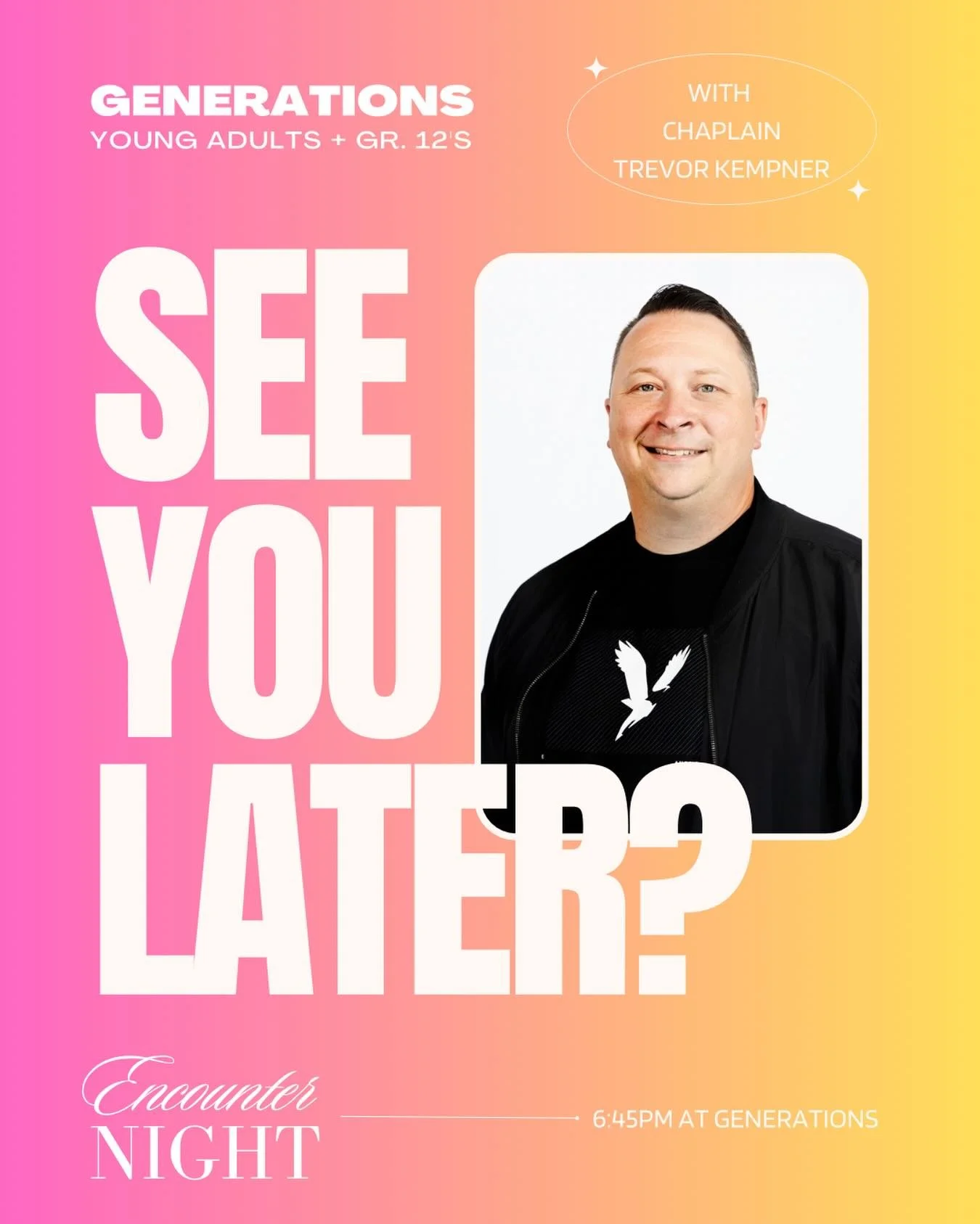 ✨ City-Wide Young Adults Encounter Night ✨
Young Adults (AND GRADE 12&rsquo;s!!!) from across the city &mdash; you&rsquo;re invited!

Tonight we&rsquo;re gathering at Generations Church for a powerful night of worship, communion, community &mdash; an