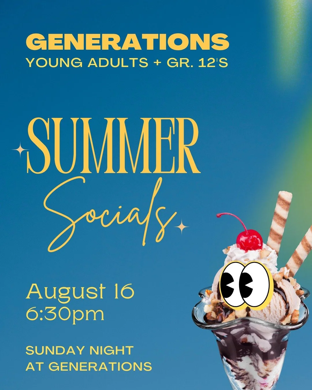 ✨ GENERATIONS YA + GRADE 12'S SUMMER SOCIAL! ✨

Our LAST YA Summer Social is coming up - and we're ending the summer with Sundaes + Board Games! 🍦🎲🙌

Whether you've been around all summer or this will be your first time, come on out and connect!

