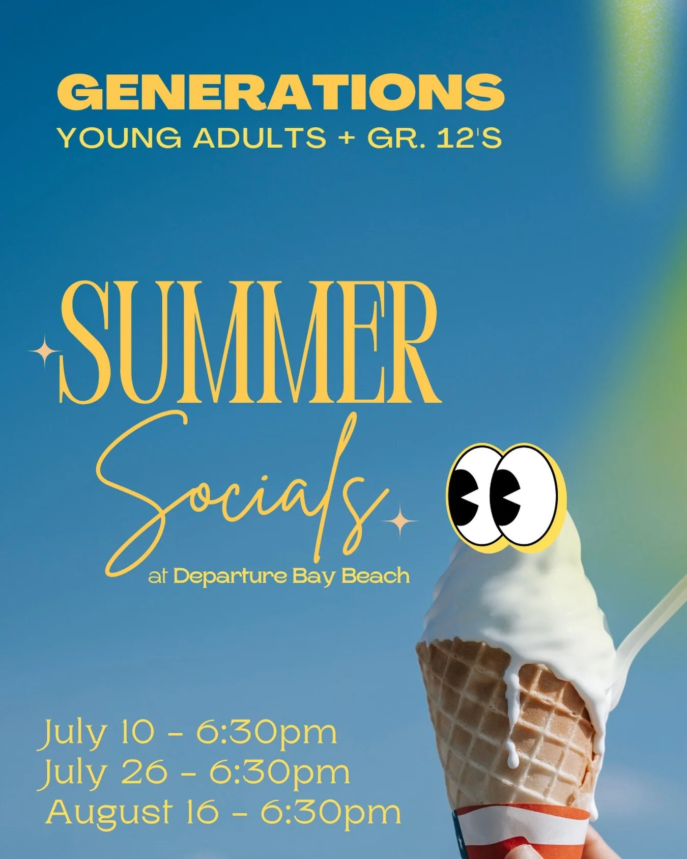 Starting this Friday evening, there will be a few social gatherings for Young Adults + Gr. 12&rsquo;s for the summer. If you were just in Gr. 11 and going into Gr. 12 this fall, you are welcome to join us as well!

Bring a towel if you wanna swim, pl