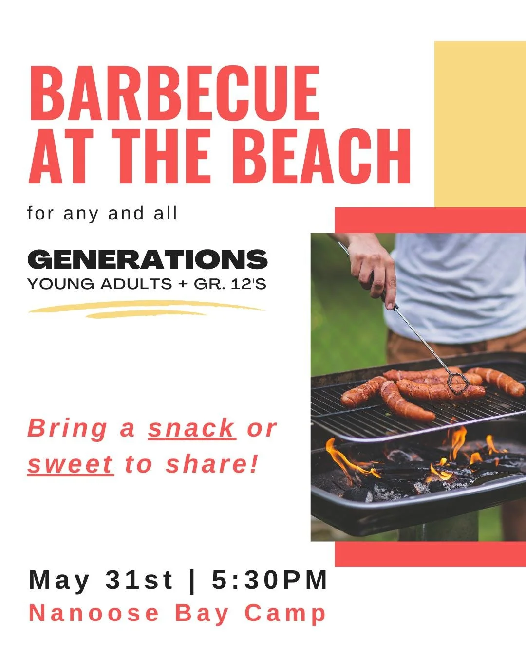 TOMORROW NIGHT...

Young Adults + Gr. 12's across the mid-island region are invited to join us at Nanoose Bay Camp (2531 Nanoose Beach Rd, Nanoose Bay, BC) as we host a Barbecue &amp; Field Games at the beach!

- Join us there at 5:30pm and feel free