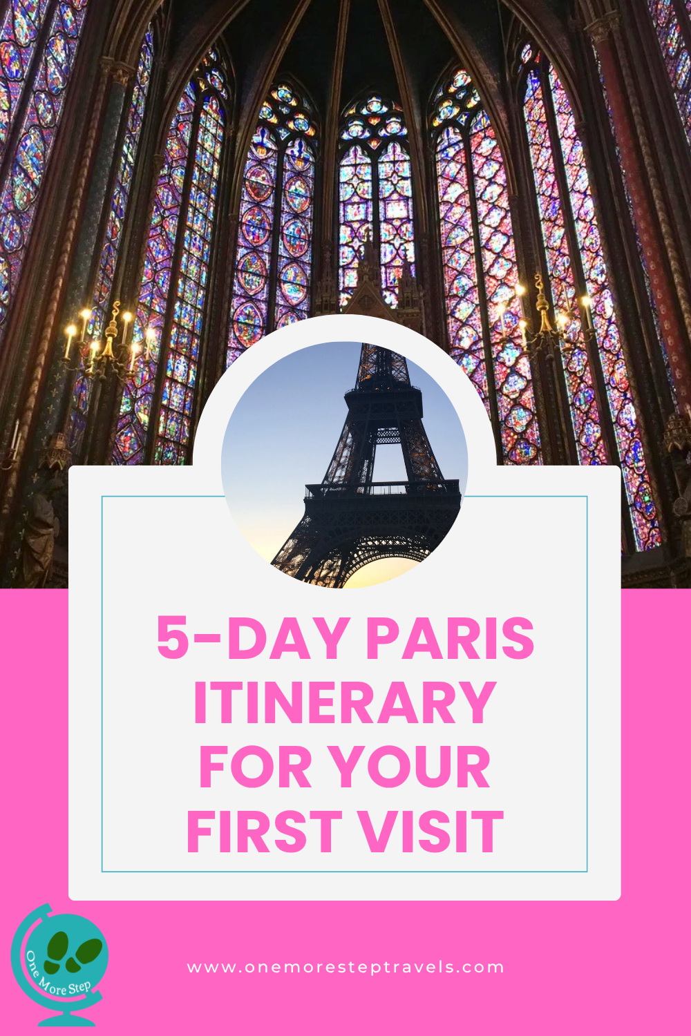 Poster for  a first time Paris itinerary showing the Eiffel Tower and Saint Chappelle