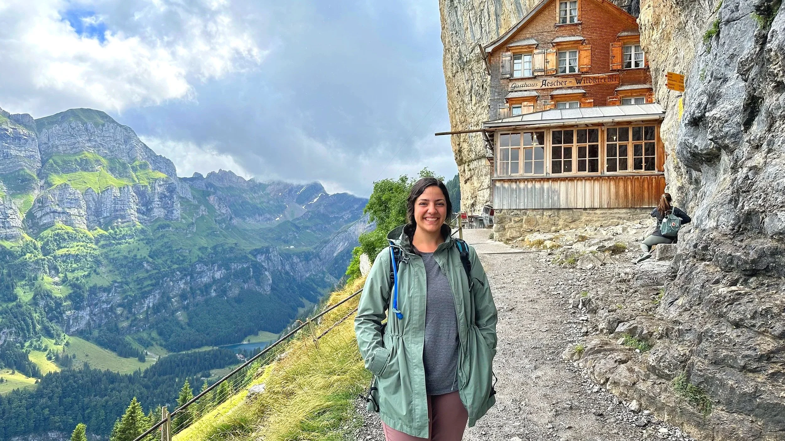 A view of Aescher Guesthaus and the Swiss Alps