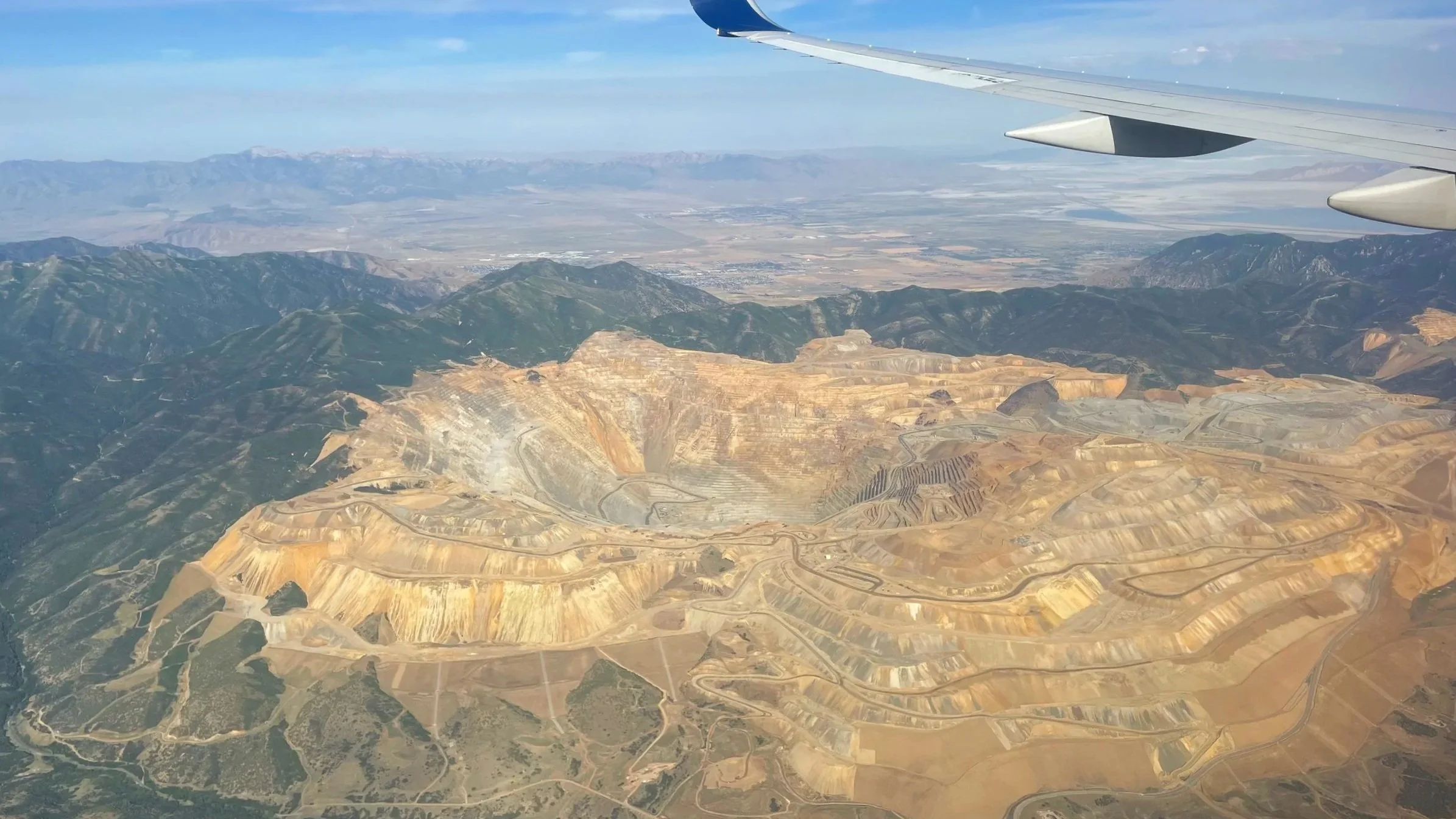 A view of the Salt Lake City copper mine is seen from an airplane.