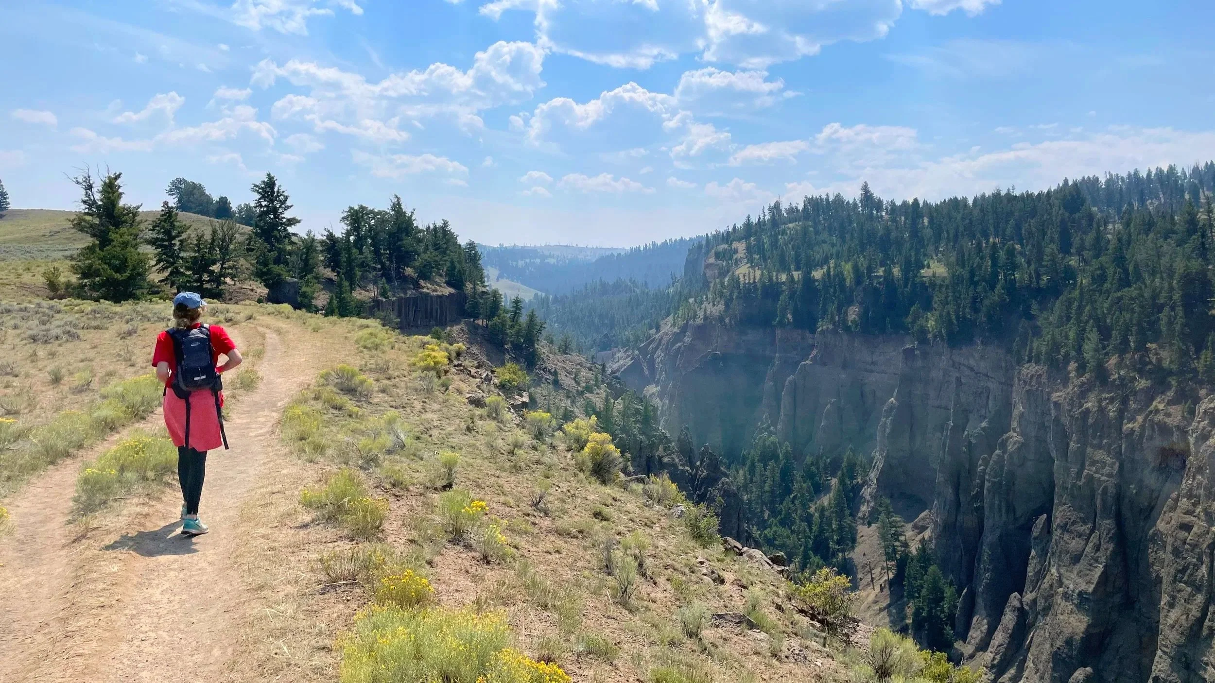 A girl hikes in Yellowstone along a canyon.