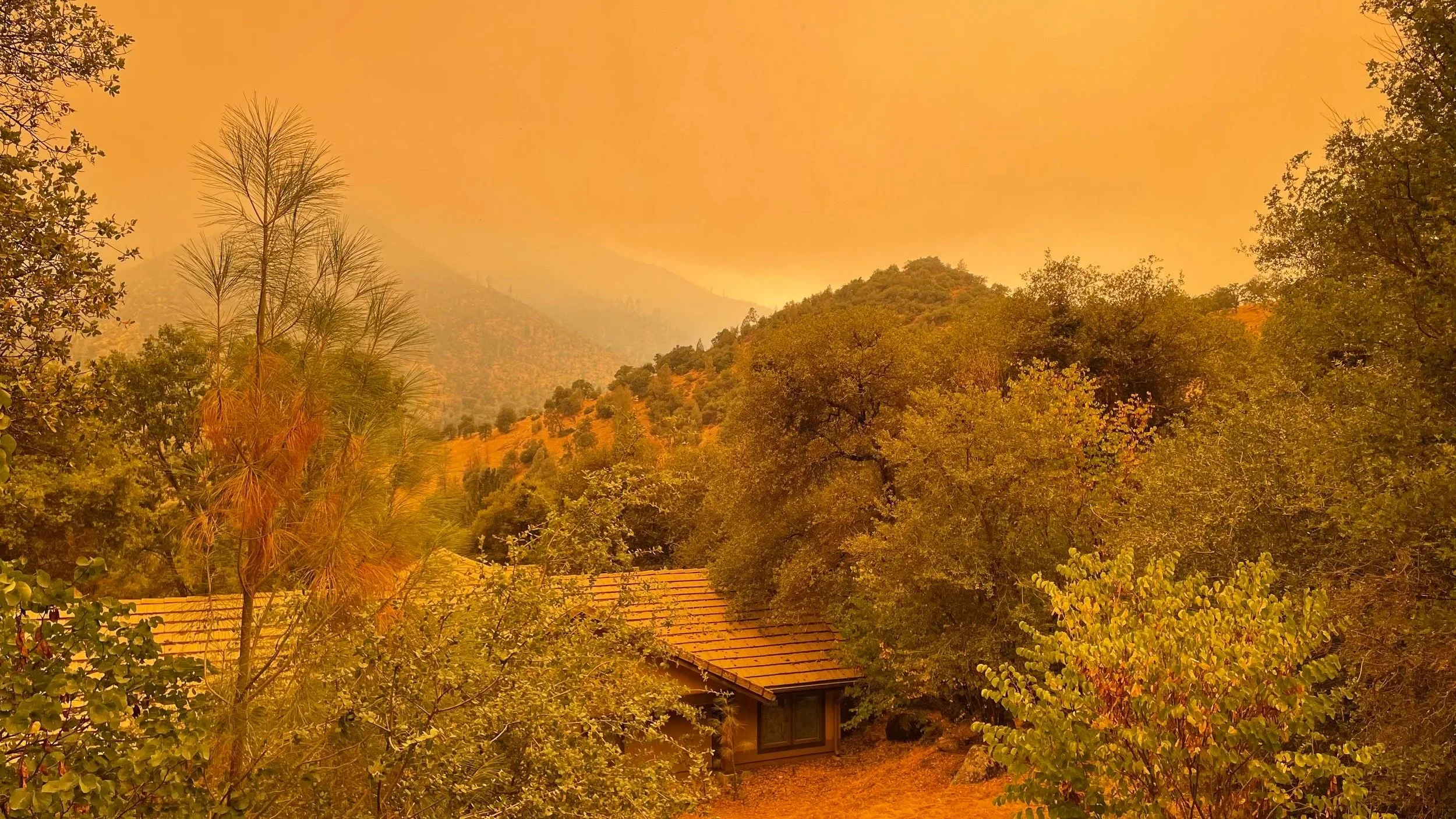 Forest fire creates poor air quality in Yosemite mountains, filling the sky in orange embers