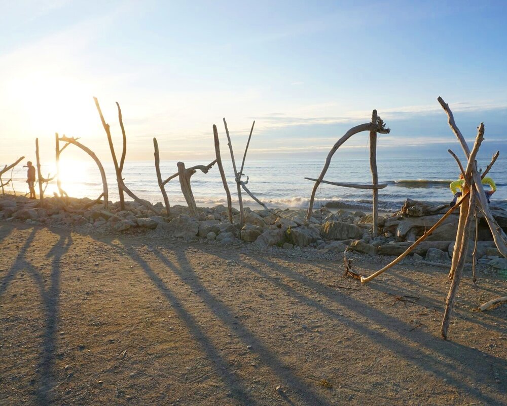 Hokitika beach with sun shining through Hokitika driftwood