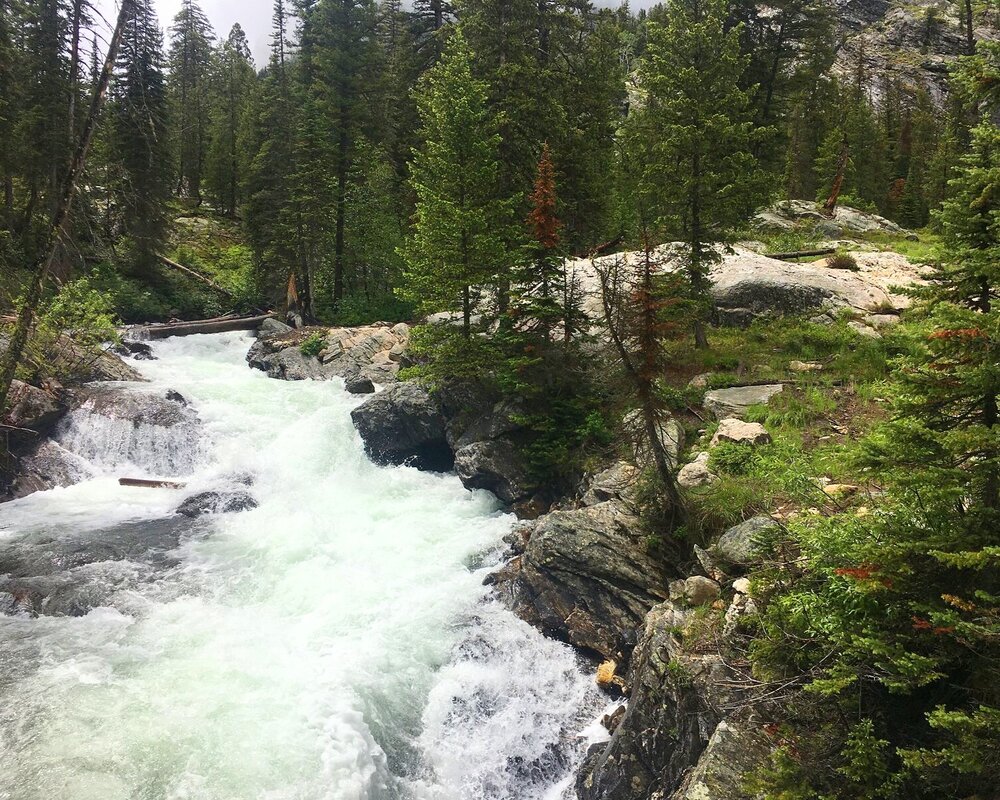 Hidden Falls trail along roaring river in Grand Teton National Park