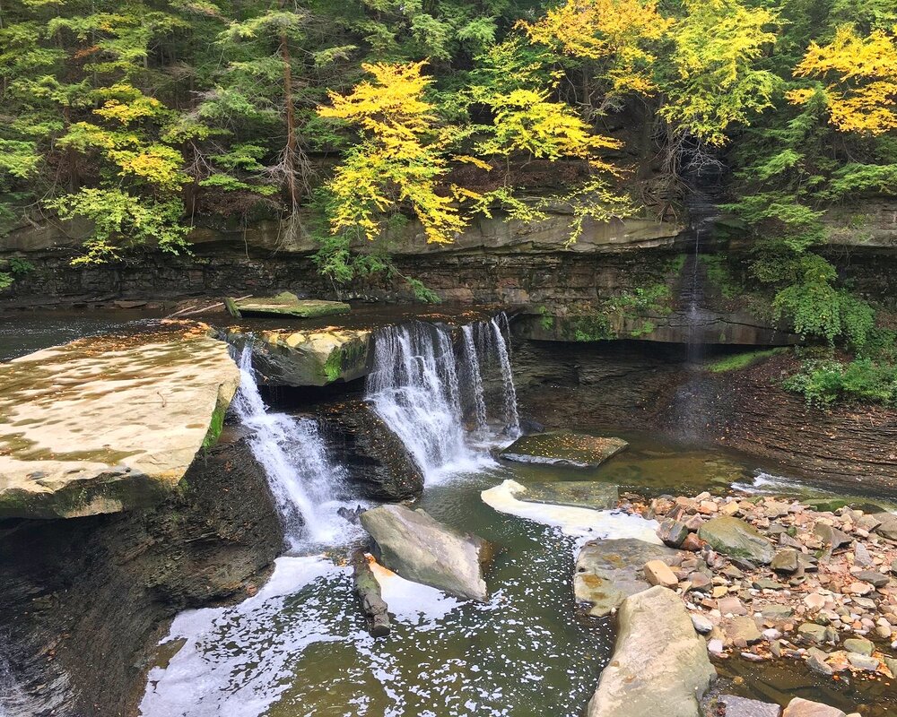 Tinker Creek Falls with fall leaves - Viaduct Park hiking trail, Cleveland Metroparks