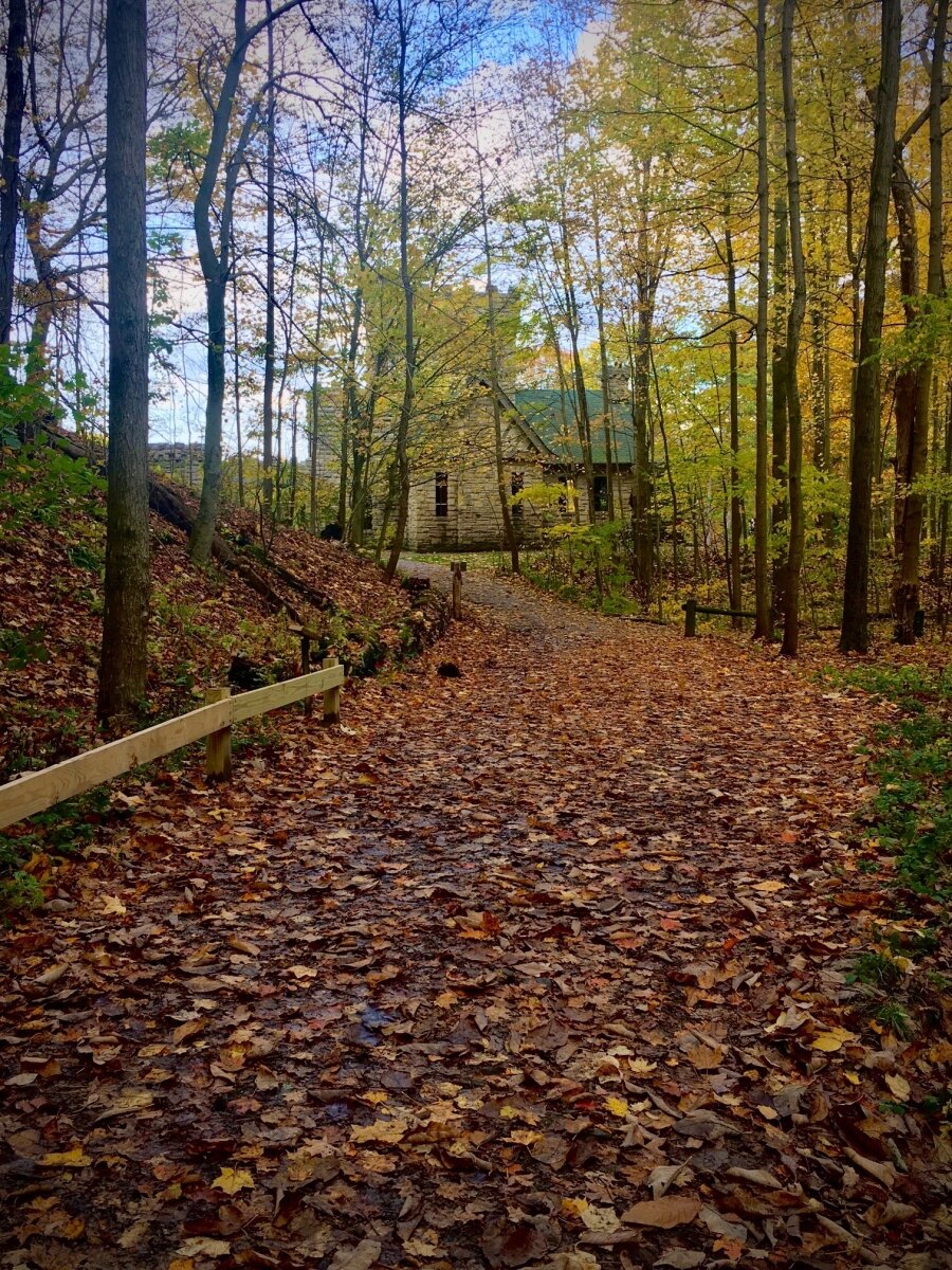 Squire's Castle view from Squire's Lane hiking trail - fall leaves, North Chagrin Reservation, Cleveland Metroparks, Ohio