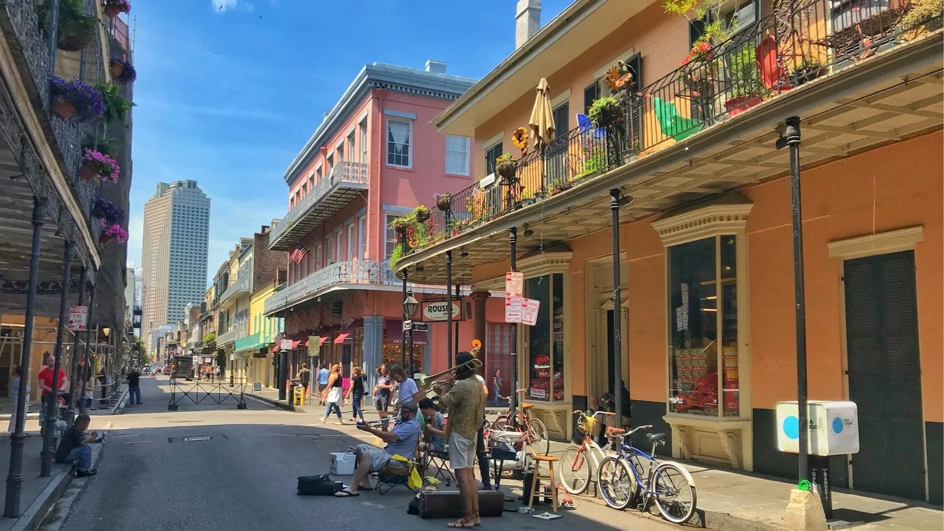Musicians play in the street in New Orlean's charming French Quarter