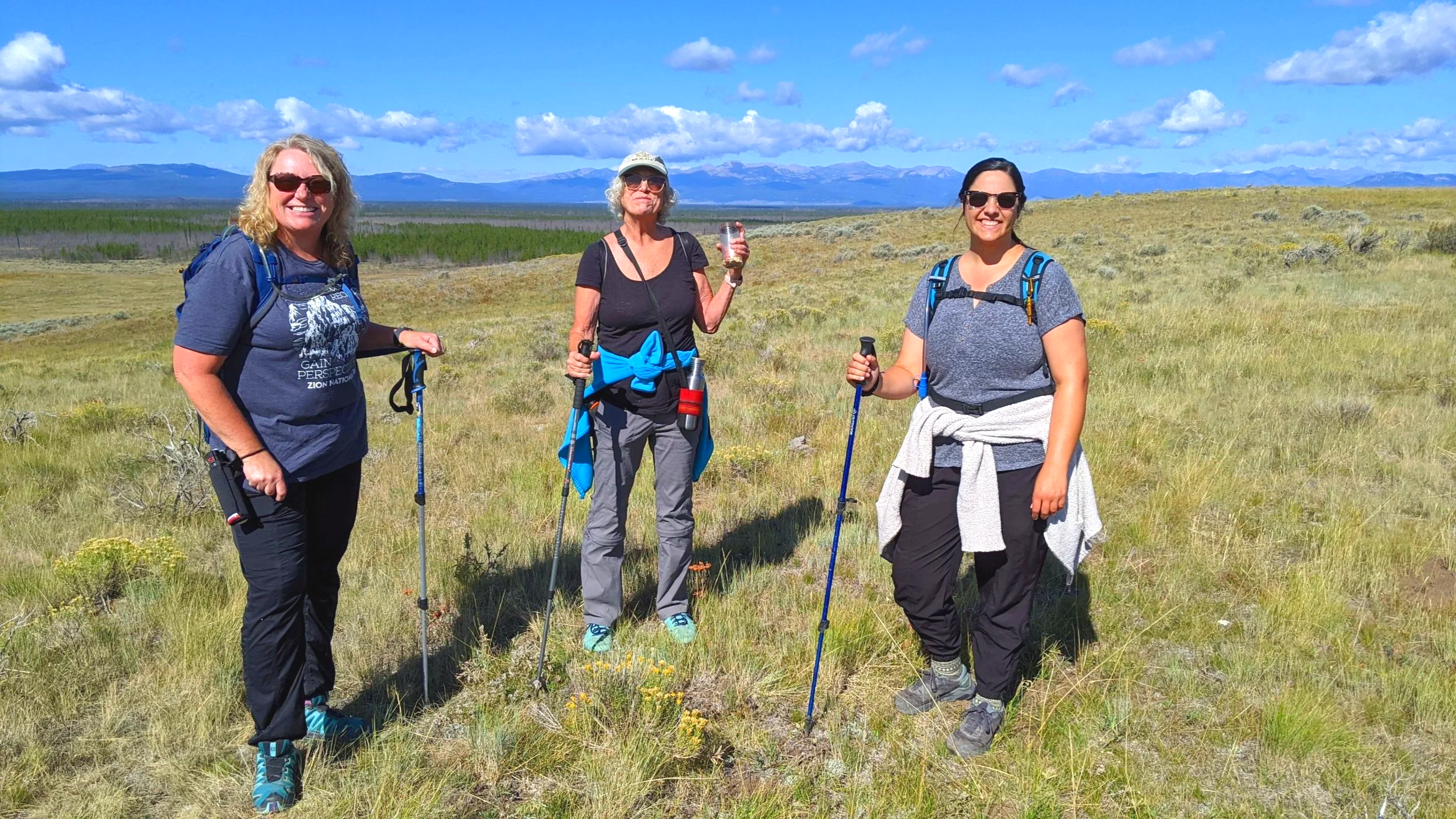 Three women in hiking gear pose in a field in Yellowstone