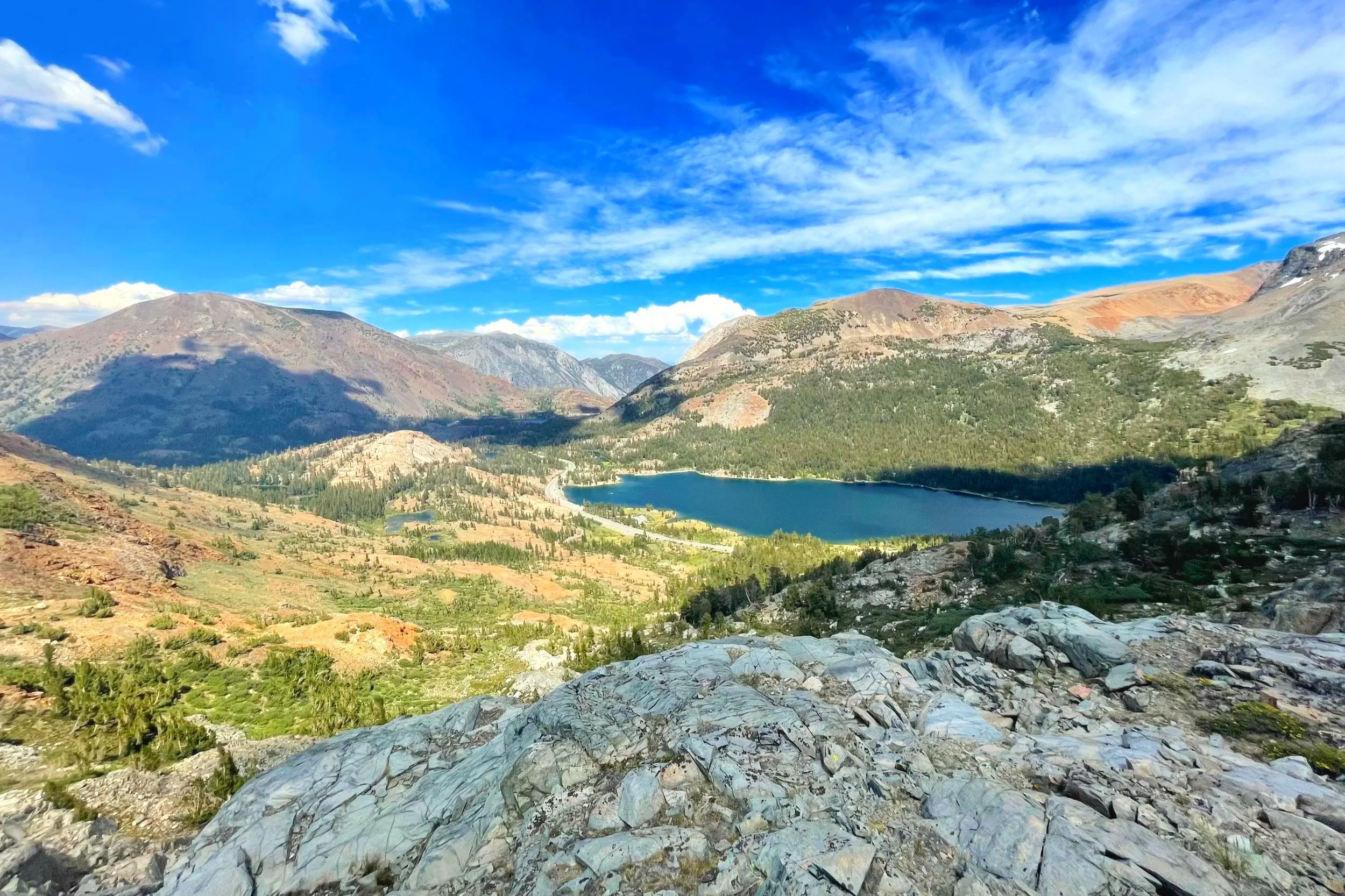 View near the top of Gaylor Lakes with mountains, lakes, and valleys in the distance