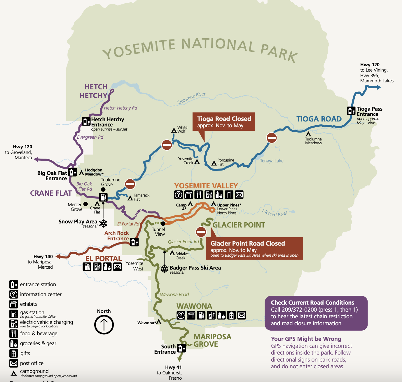 Map of the regions of Yosemite National Park.
