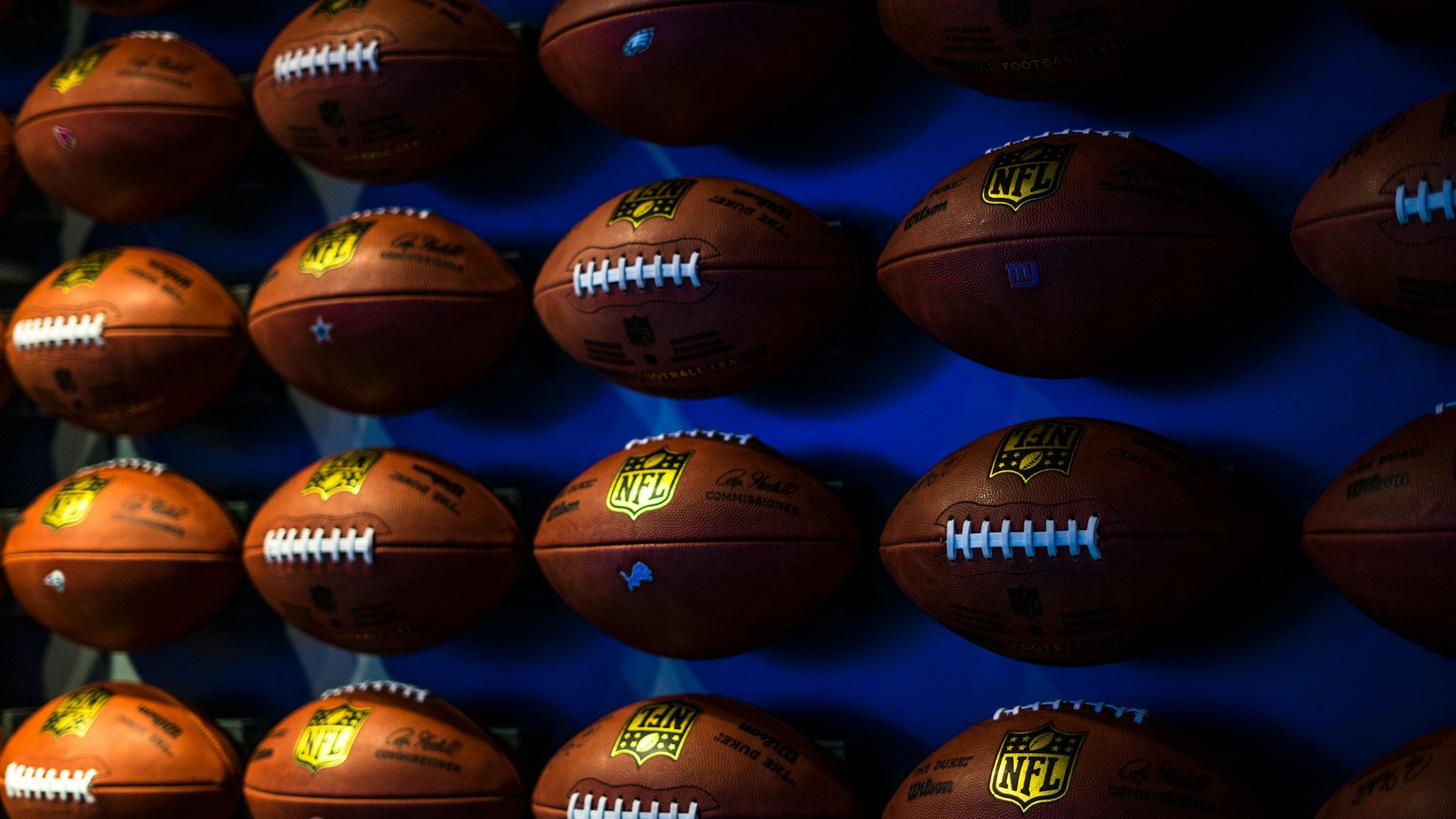 NFL footballs on display at the Football Hall of Fame