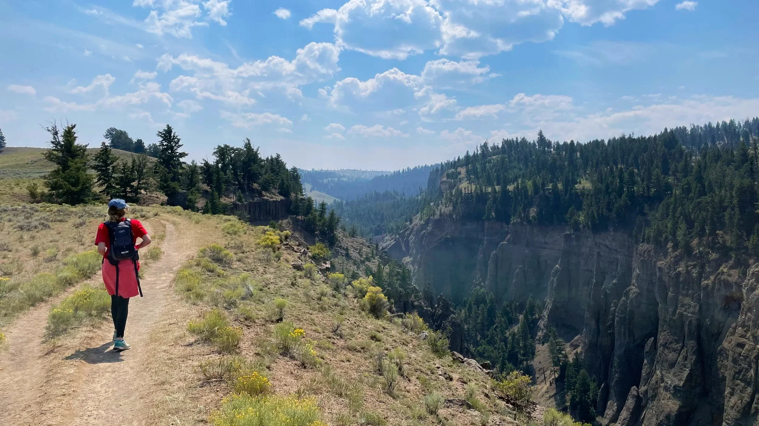 A solo woman hiker on a trail in Yellowstone alongside a canyon.