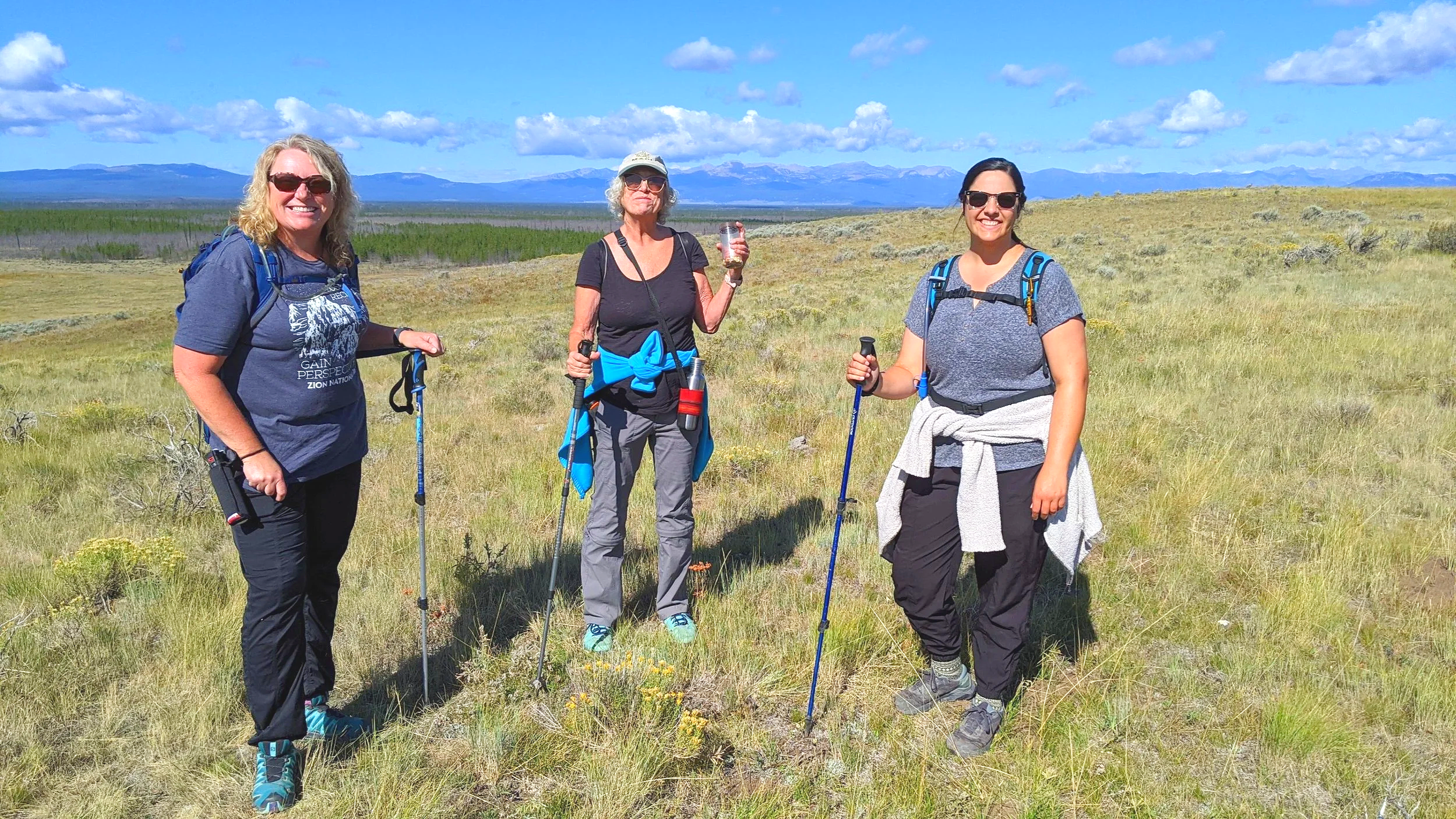 Hiking in the plains of Yellowstone as a group of women with trekking poles
