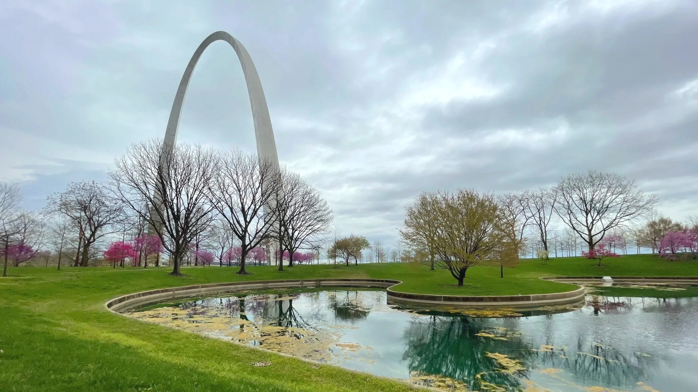 St. Louis' Gateway Arch is surrounded by flowering trees.