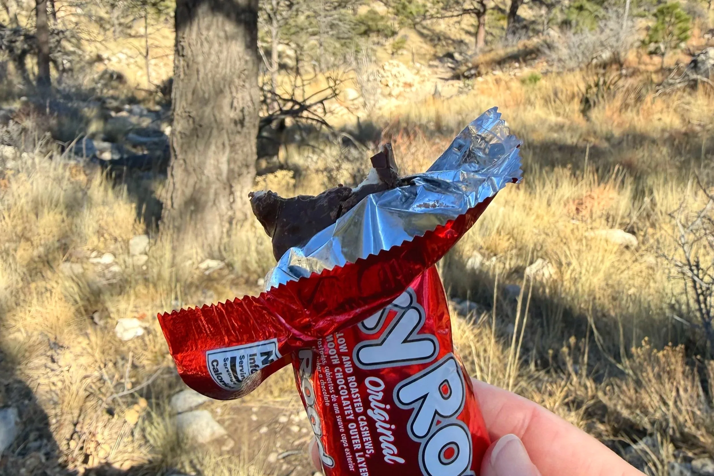 Chocolate bar on a trail provides the perfect morale booster.