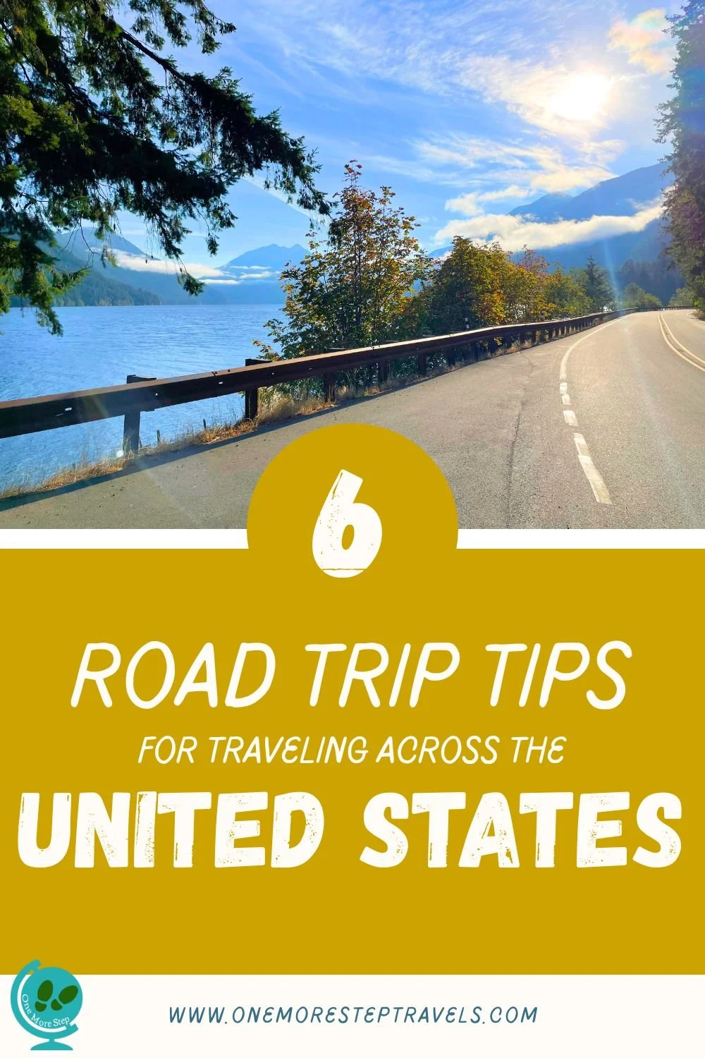 Road trip poster with an image of a lake and mountains on the side of the road.