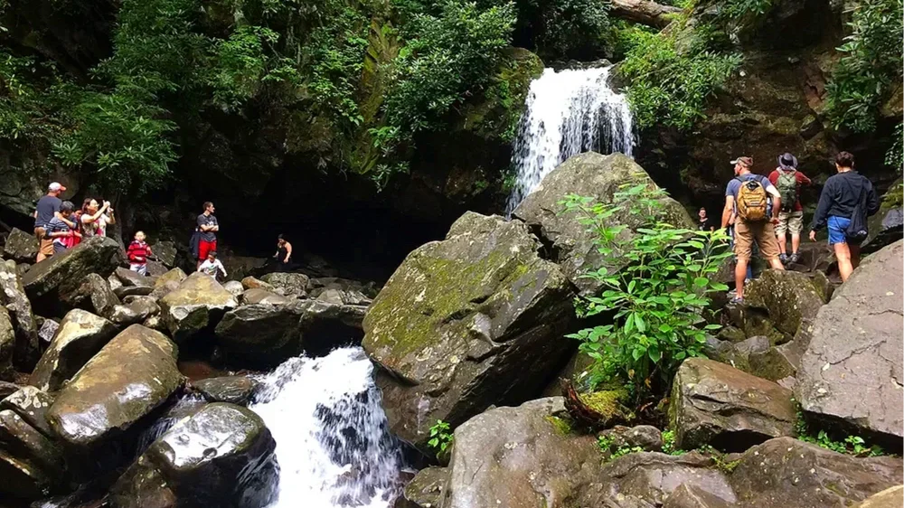 Grotto Falls with many onlookers in the Smoky Mountains