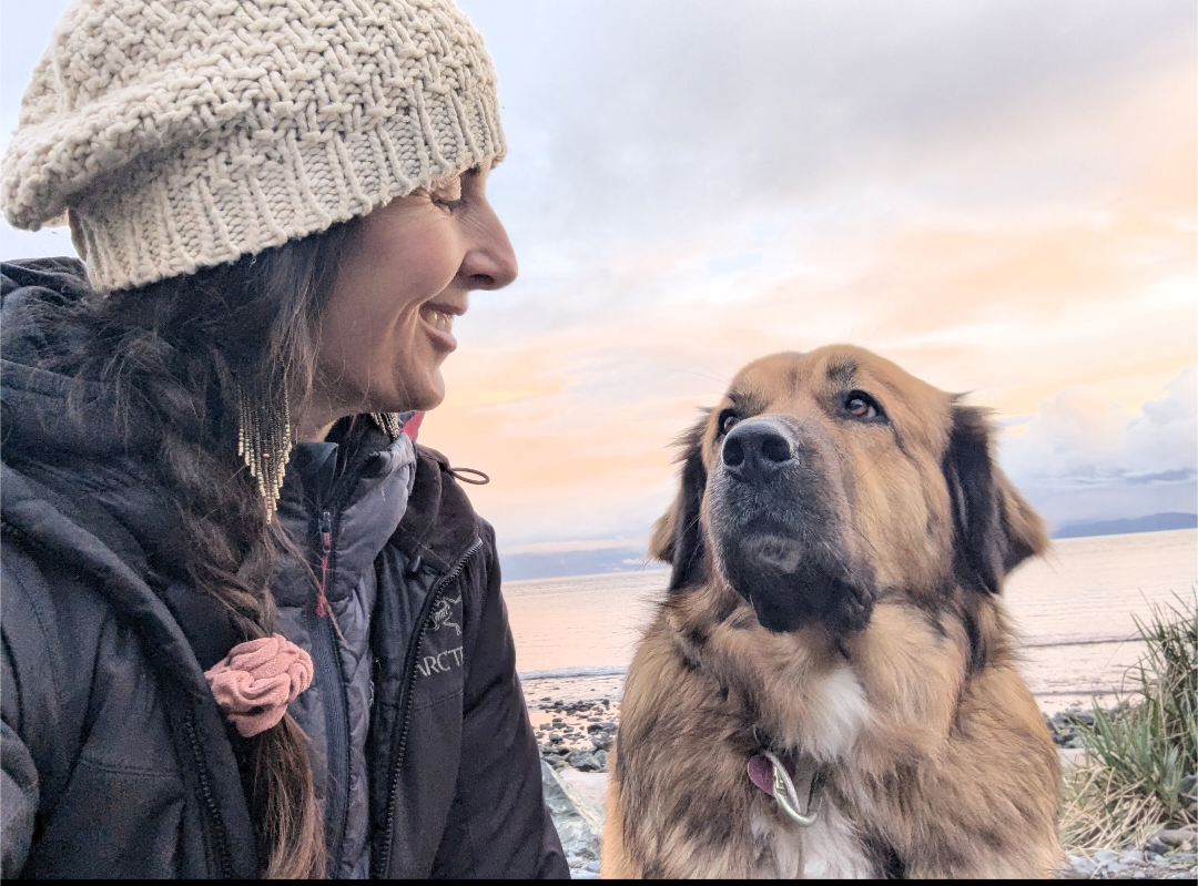 A woman with long brown hair, wearing a knitted beige hat and a dark winter jacket, smiling at a large fluffy brown dog near the beach during sunset.