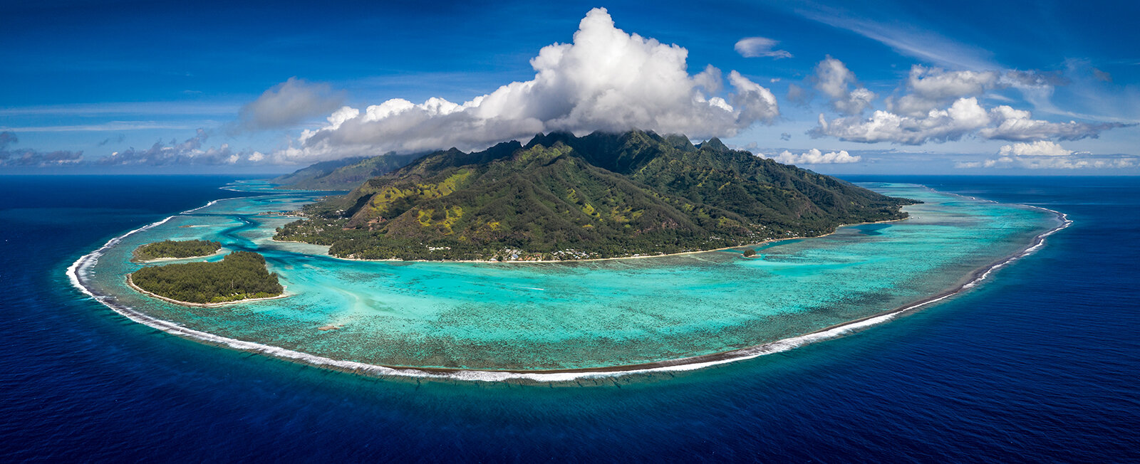 Aerial wide view of the island of Moorea in French Polynesia