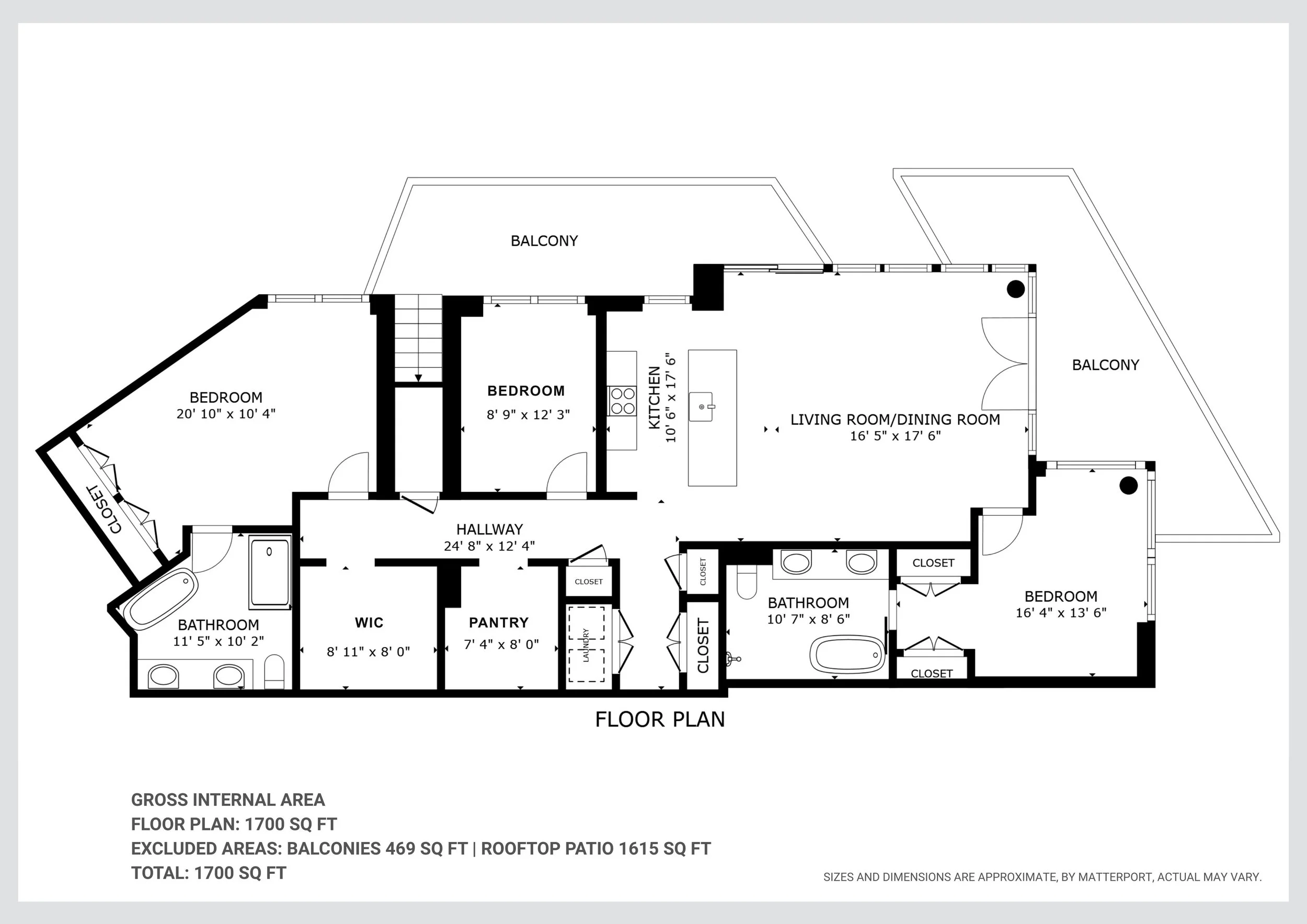 A detailed black and white floor plan of a house showing various rooms including bedrooms, bathrooms, a kitchen, living and dining areas, hallways, closets, a pantry, and balconies, along with measurements for each room.