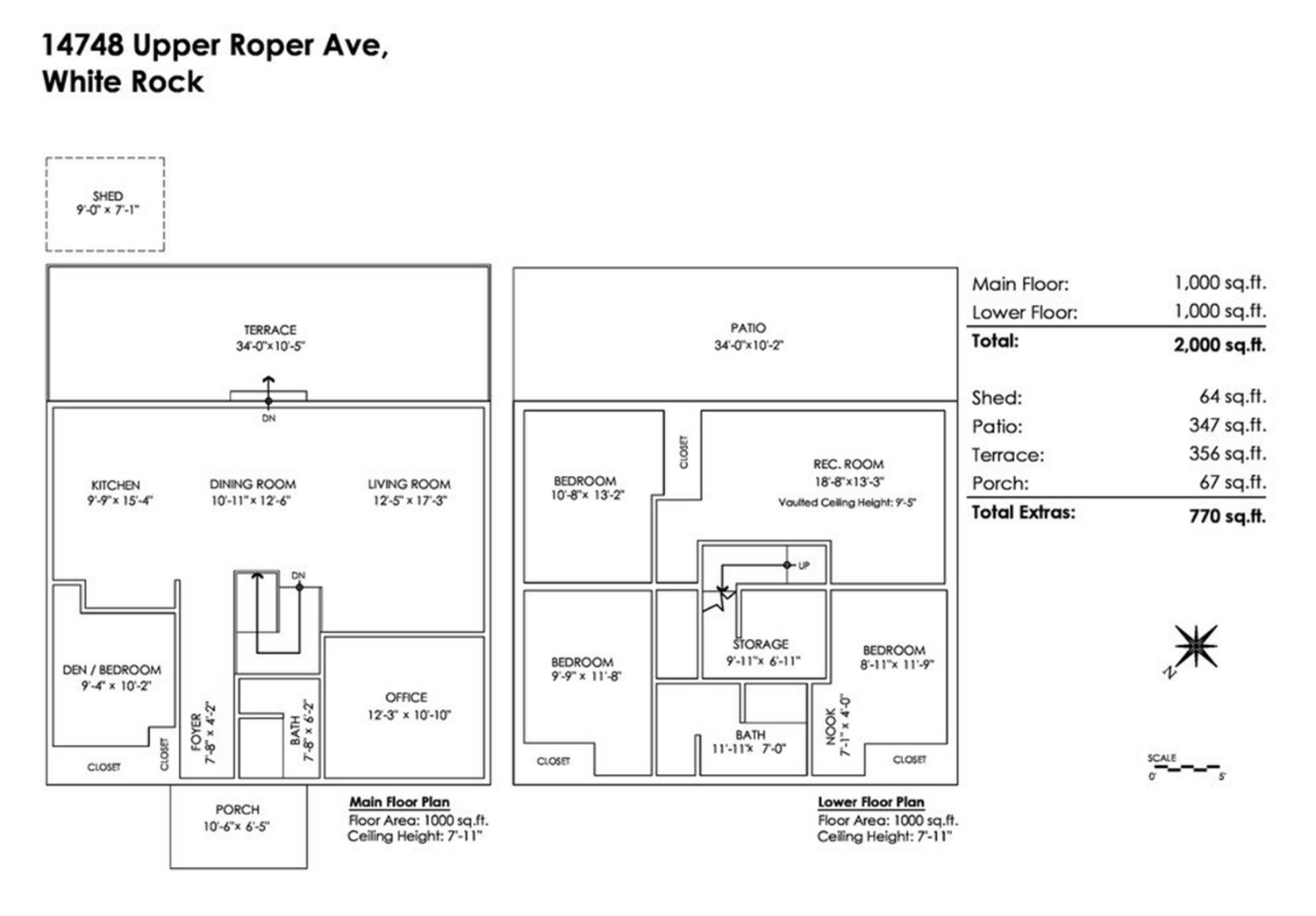 Floor plan of a house with main floor and lower floor layouts, including a porch, deck, patio, terrace, storage, two bedrooms, bathrooms, living and dining rooms, kitchen, office, and den. Dimensions and square footage details are provided.