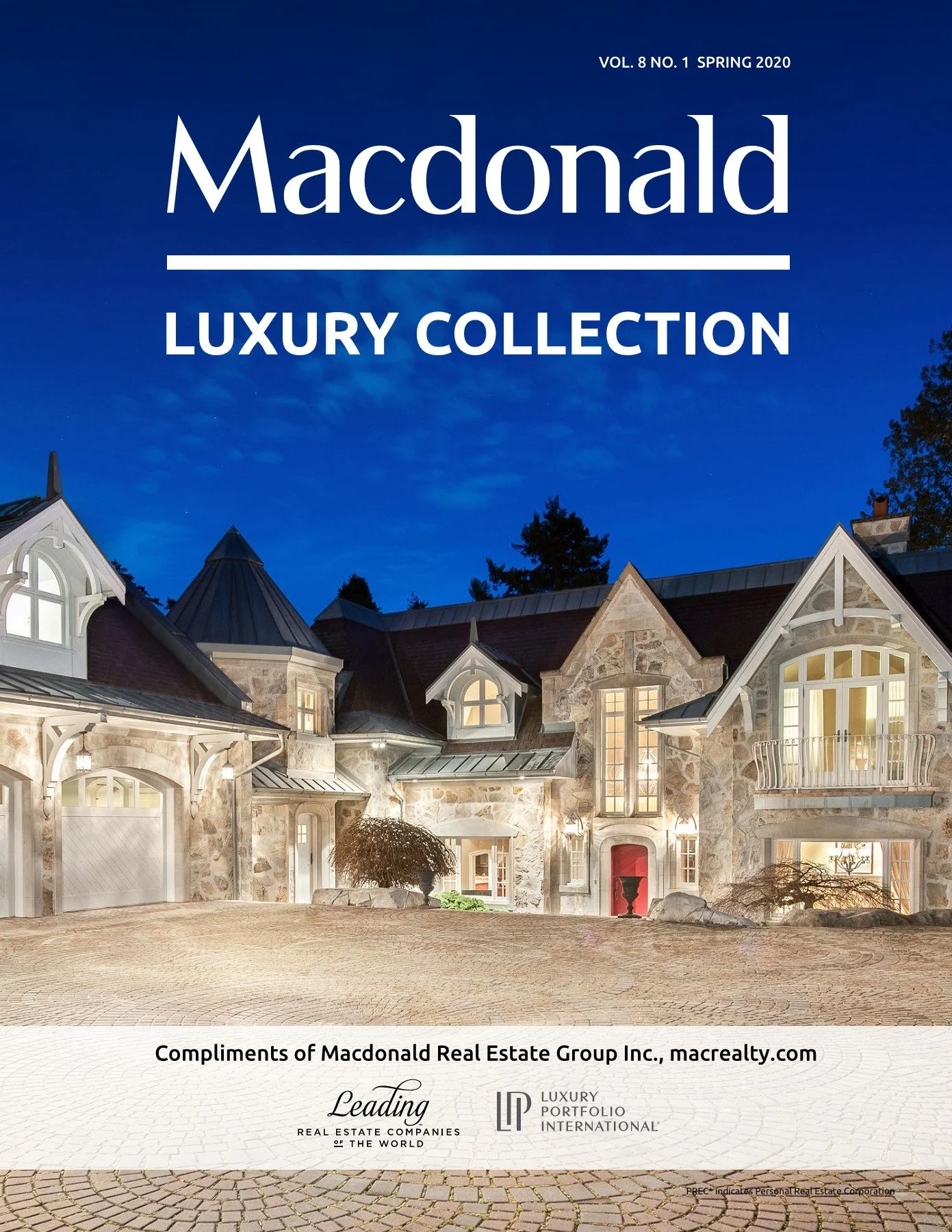 Cover of Macdonald Luxury Collection magazine, volume 8, issue 1, Spring 2020, featuring a large stone house with illuminated windows and a cobblestone driveway, under a dark blue evening sky.