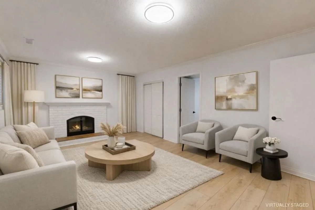 Living room with white sofa, two white armchairs, a round wooden coffee table, a black side table with a vase of flowers, a white brick fireplace, artwork on the walls, and beige curtains.