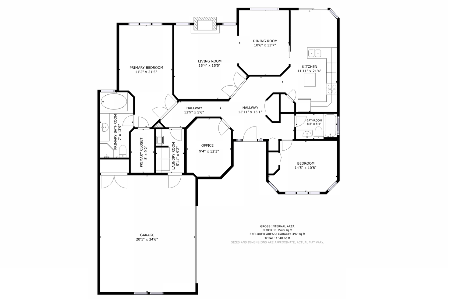 Floor plan of a house showing rooms including a primary bedroom, living room, dining room, kitchen, two hallways, a bathroom, an office, laundry room, closet, and a garage, with detailed dimensions.