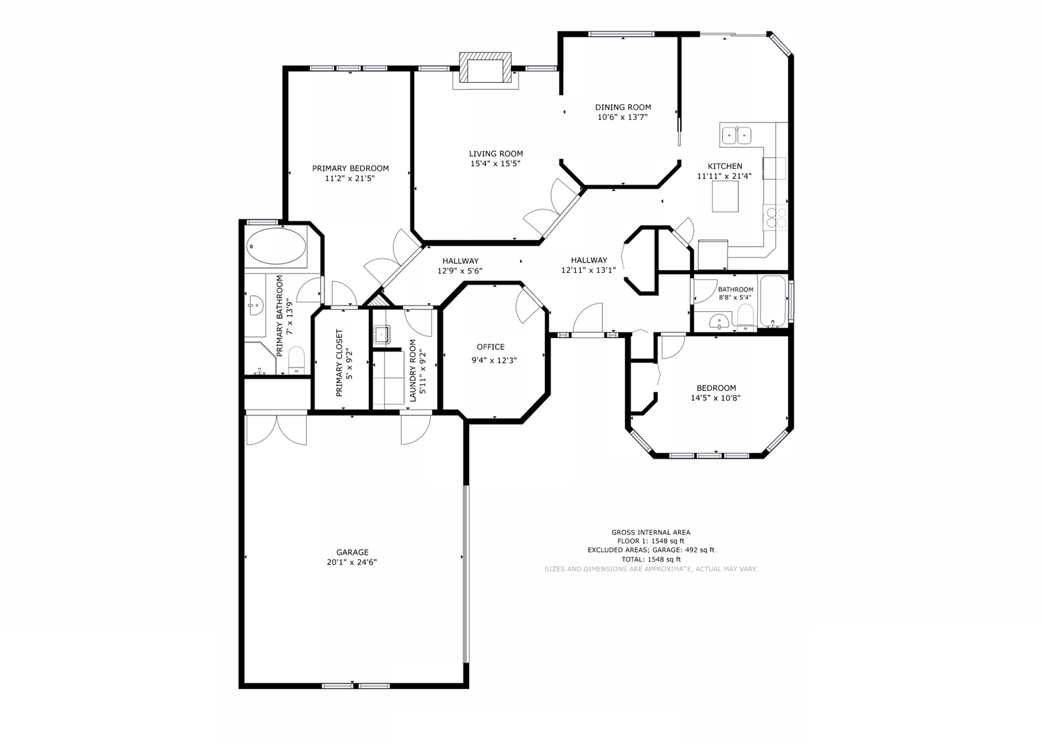 Floor plan of a house showing various rooms and their dimensions, including a primary bedroom, bathroom, laundry room, office, garage, living room, dining room, kitchen, and an additional bedroom with hallways connecting these rooms.