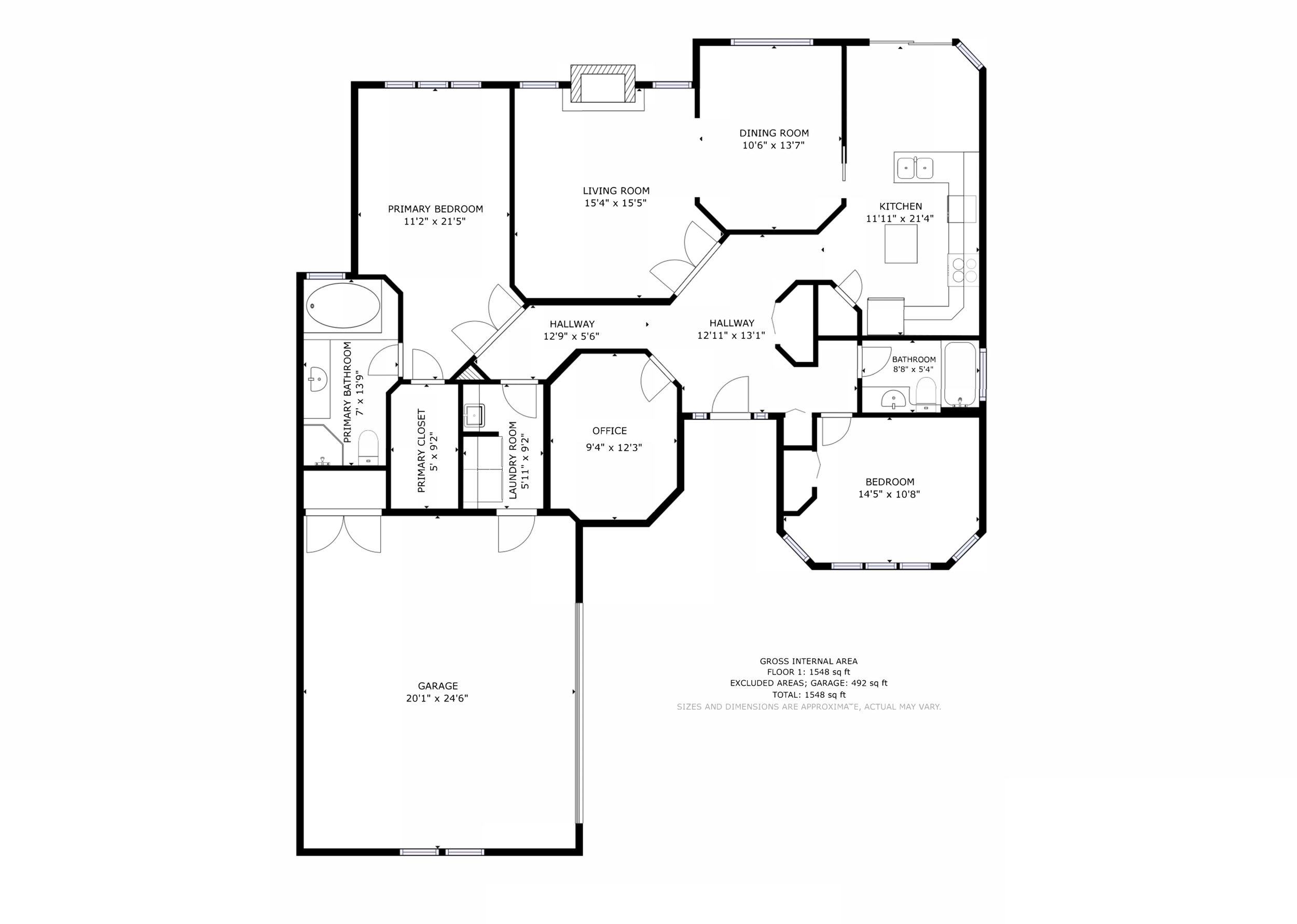 Floor plan of a house showing various rooms and their dimensions, including a primary bedroom, bathroom, laundry room, office, garage, living room, dining room, kitchen, and an additional bedroom with hallways connecting these rooms.