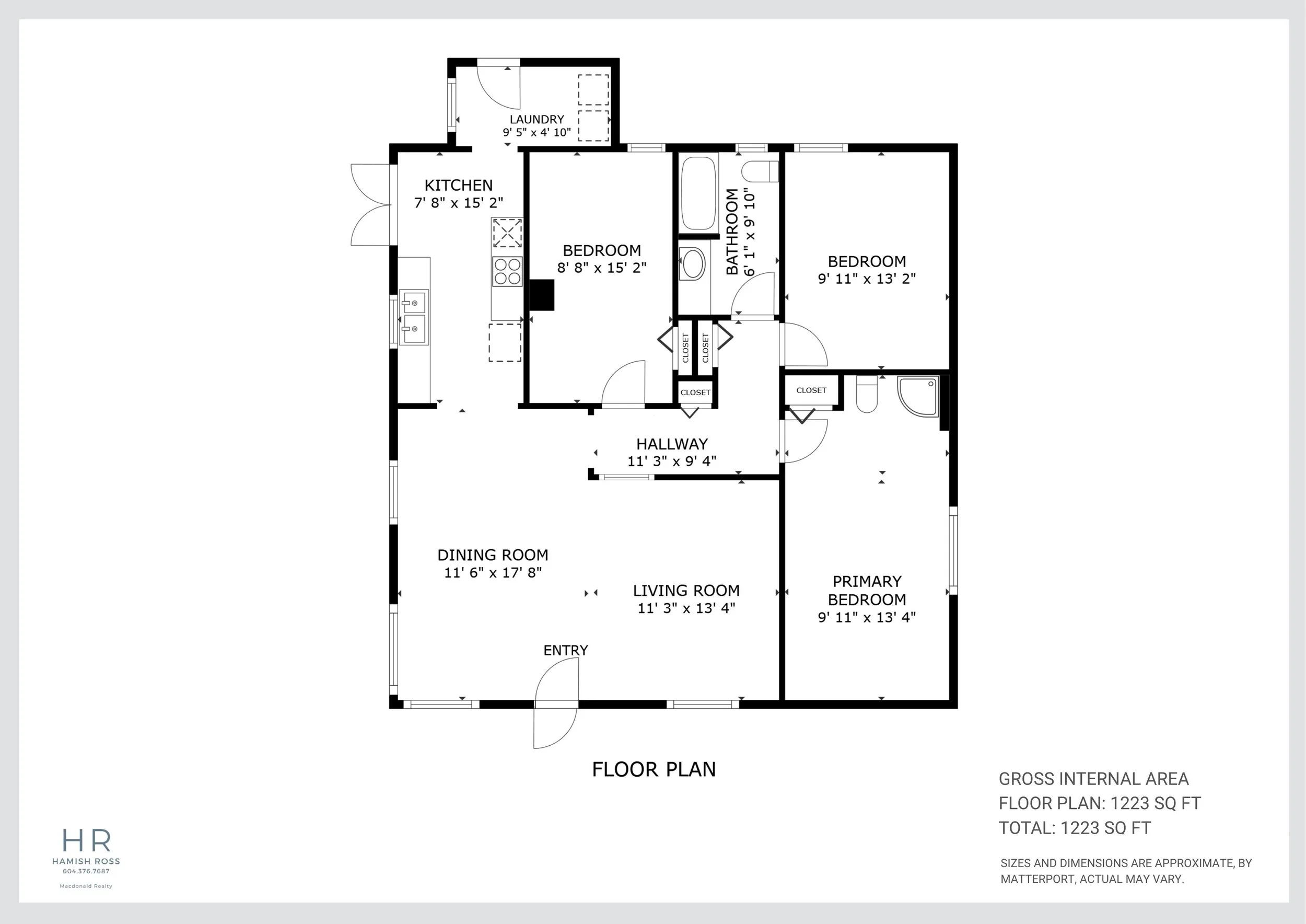 Floor plan of a house showing rooms including entry, living room, dining room, primary bedroom, bedroom, hallway, kitchen, laundry, and bathroom with measurements.