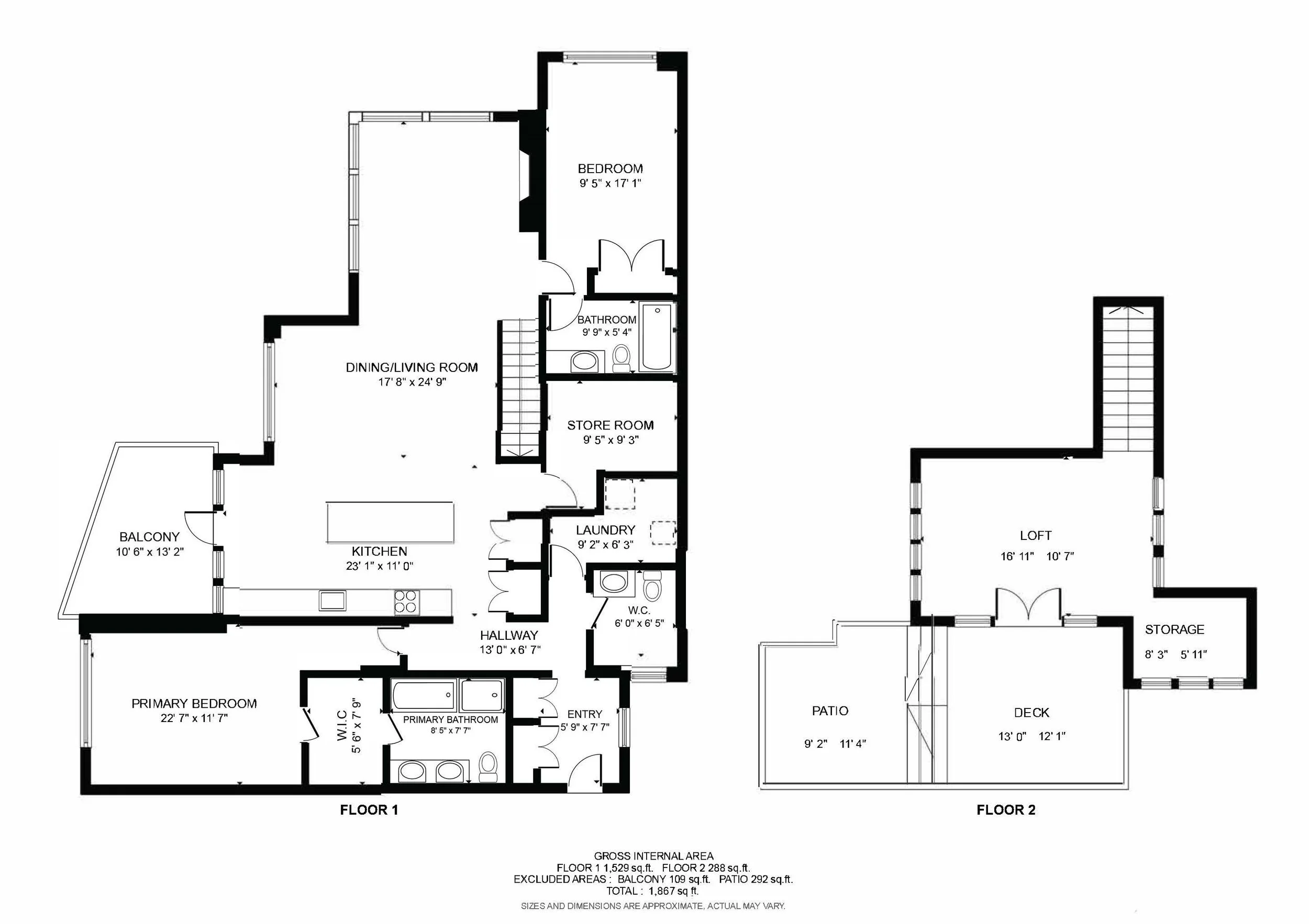Floor plan of a two-story house with labeled rooms including bedrooms, bathrooms, kitchen, living room, balconies, patio, deck, and storage areas, with measurements for each space.