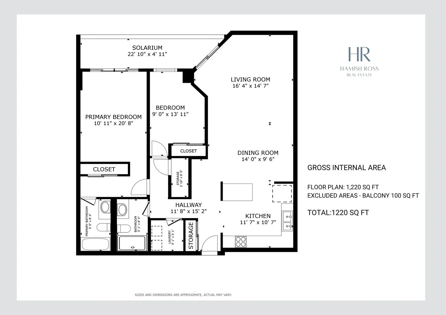 A detailed floor plan of a house showing rooms such as a primary bedroom, bedroom, bathrooms, laundry, storage, kitchen, dining room, living room, solarium, and hallways with measurements and labels.