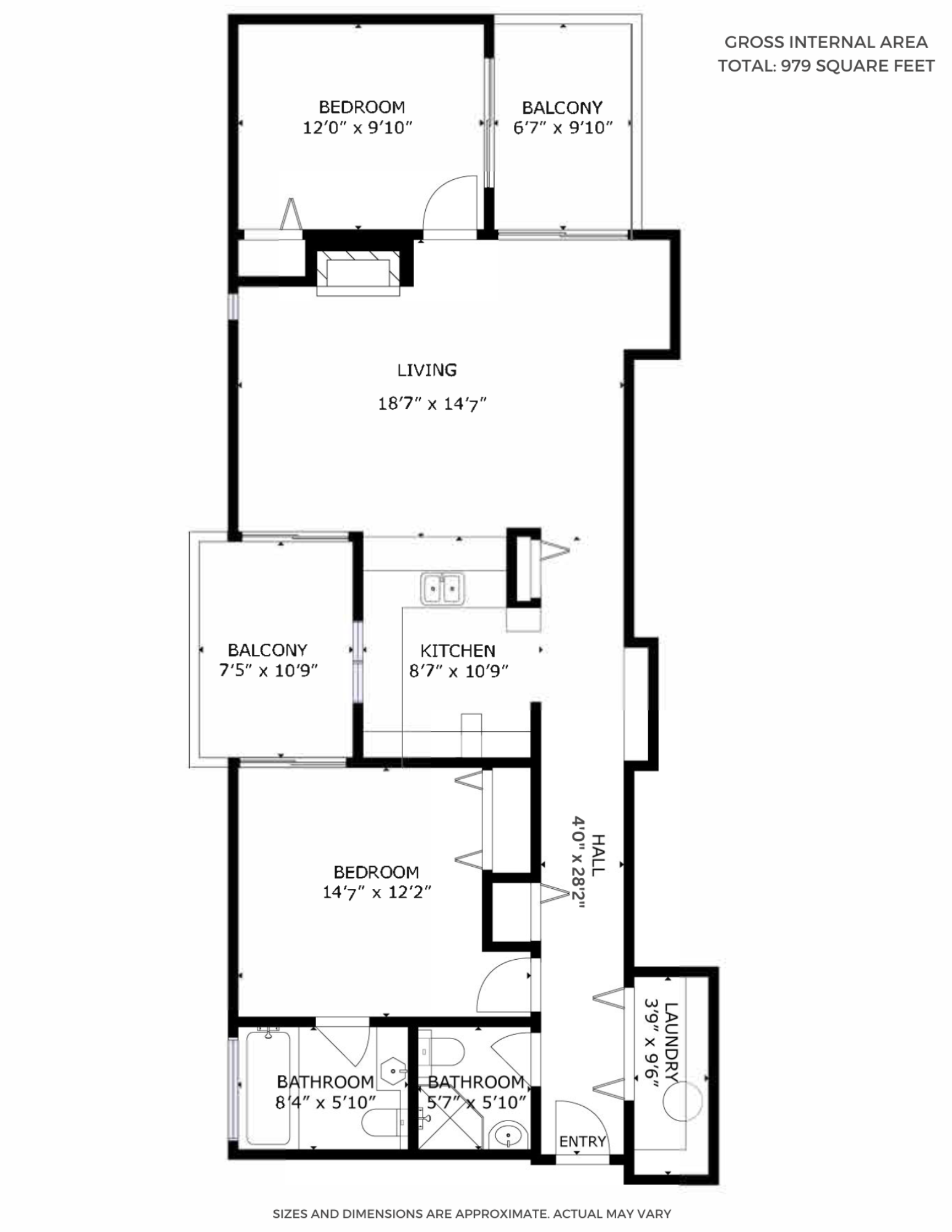 Floor plan of a residential apartment with two bedrooms, two bathrooms, a kitchen, living area, laundry room, hall, entry, and two balconies, with measurements and total area of 979 square feet.