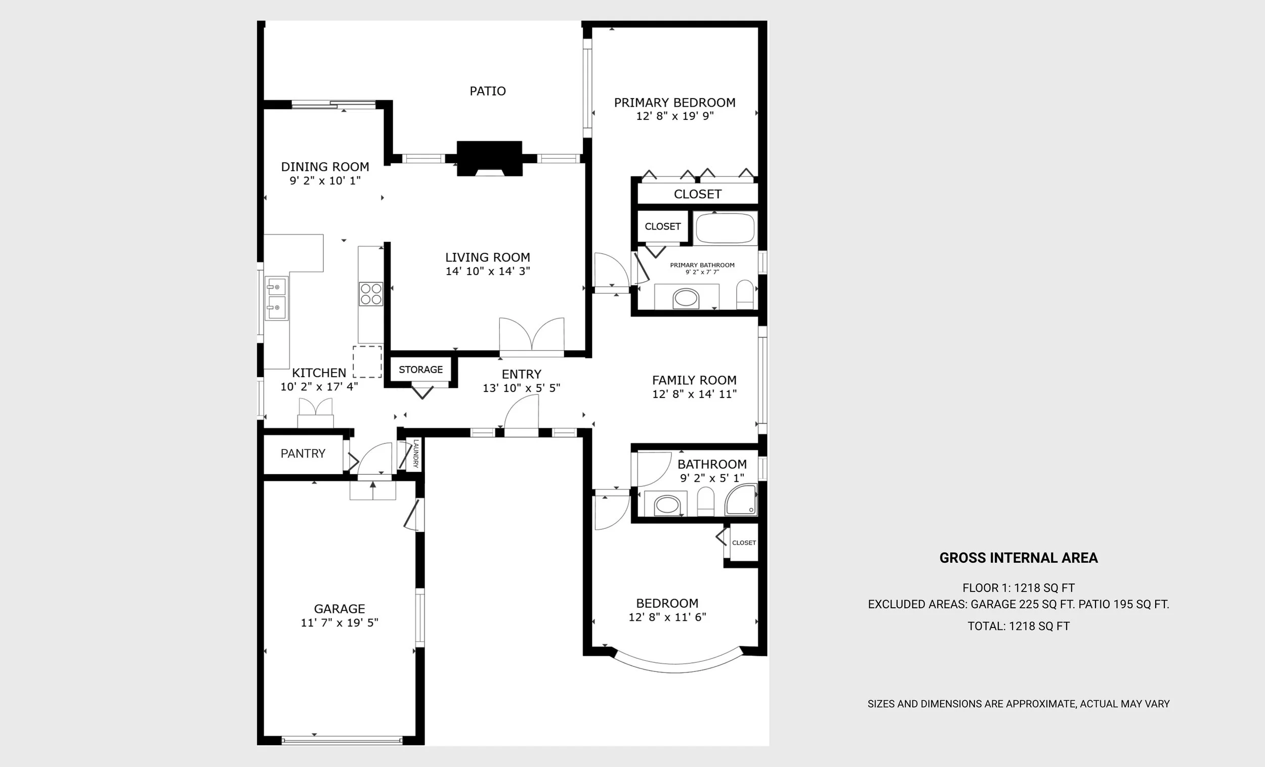Floor plan of a house with labeled rooms including garage, kitchen, pantry, laundry, entry, living room, dining room, primary bedroom, primary bathroom, family room, second bedroom, bathroom, and patio.