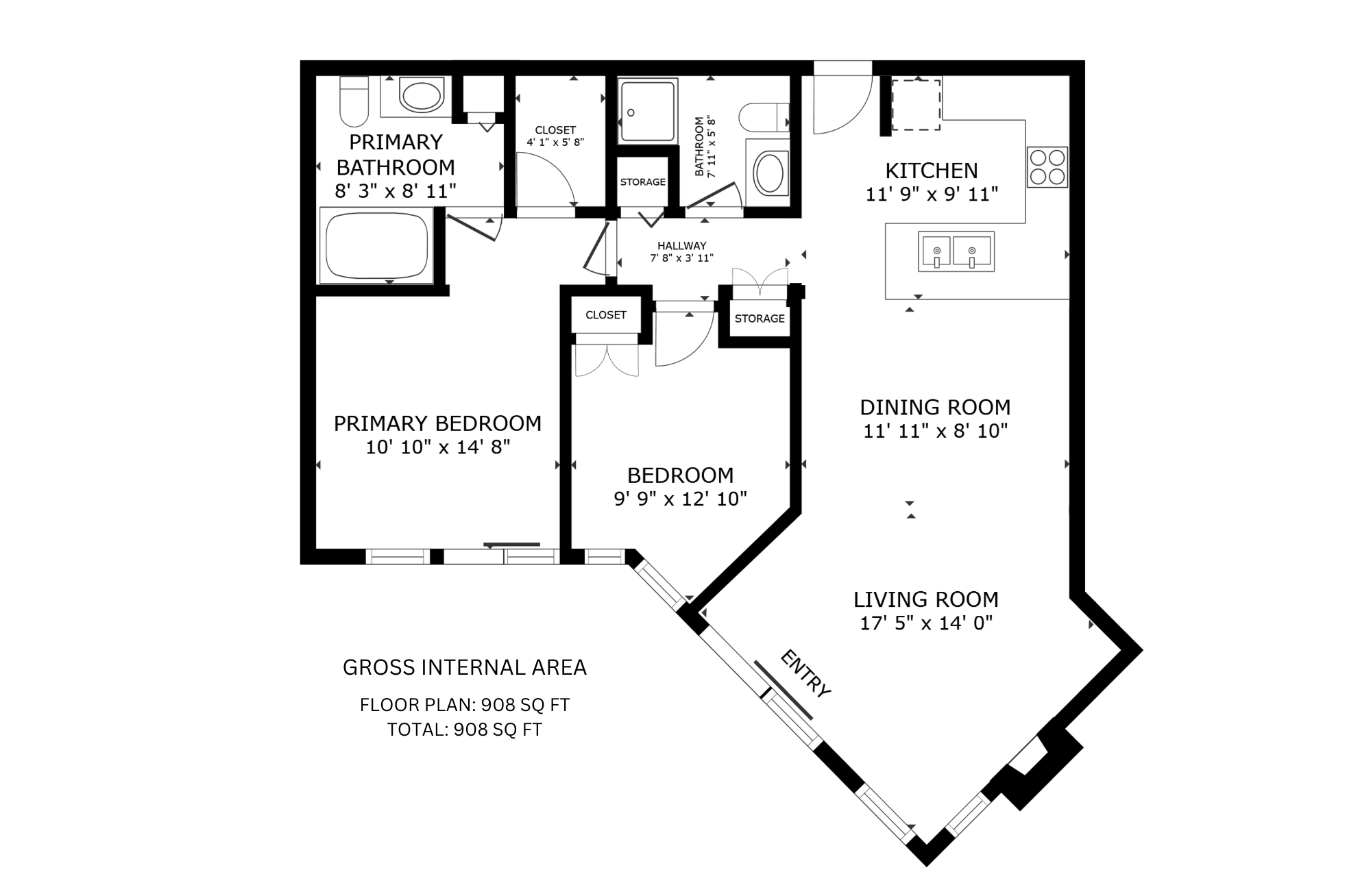 Floor plan of a 908 square foot apartment showing two bedrooms, two bathrooms, a kitchen, a dining room, and a living room, with dimensions and closet/storage spaces.