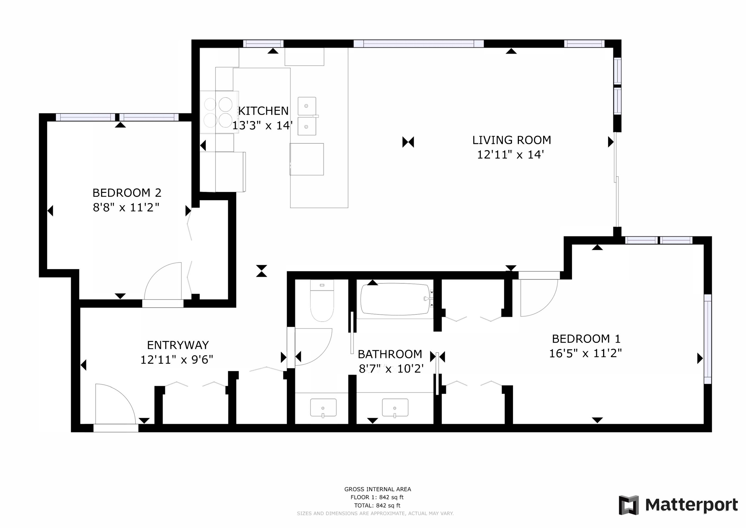 Floor plan of a house showing rooms labeled Entryway, Bedroom 2, Kitchen, Living Room, Bathroom, and Bedroom 1, with dimensions.