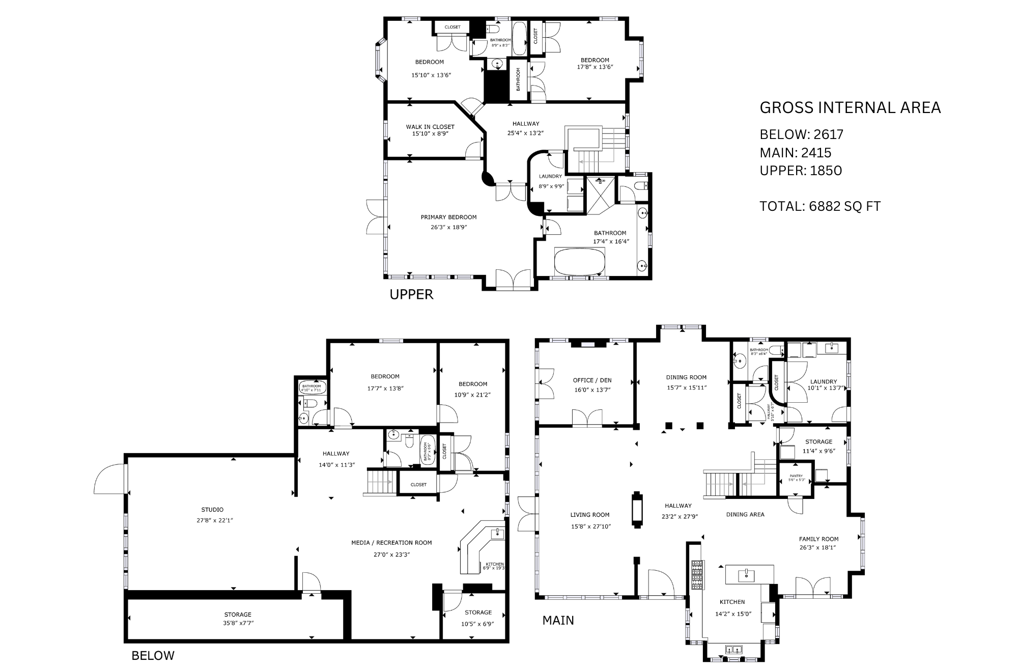 Floor plan of a multi-level house showing the layout of the main, upper, and below levels, with room labels and dimensions.