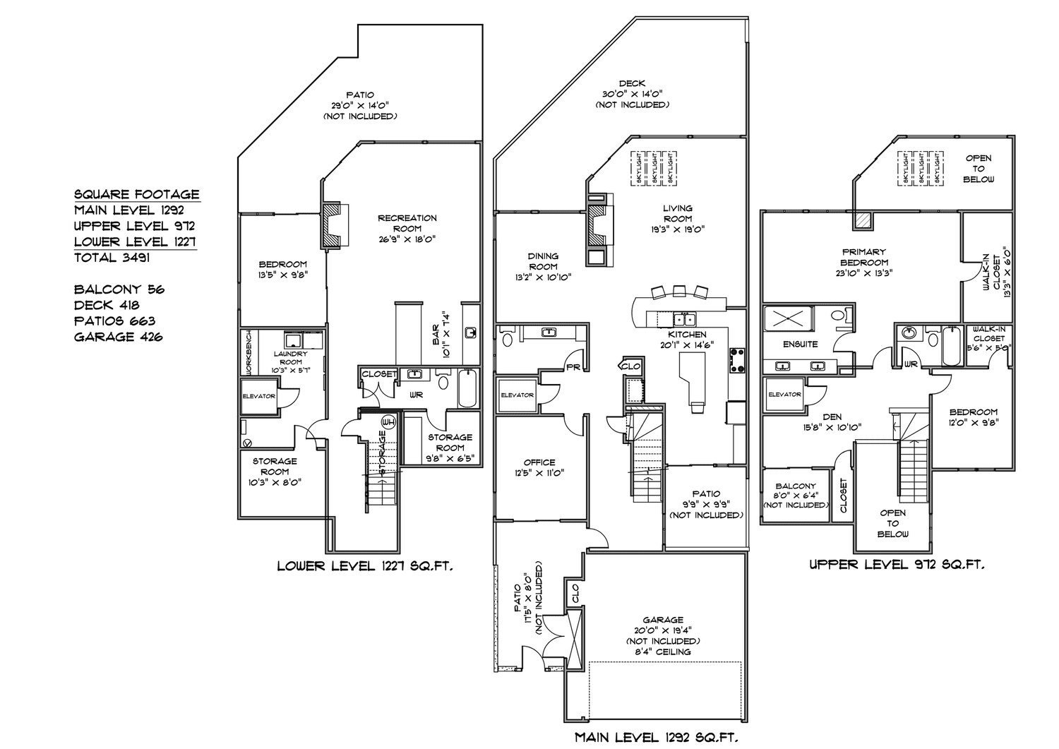 A detailed architectural floor plan of a multi-level residential house outlining layout and room dimensions.