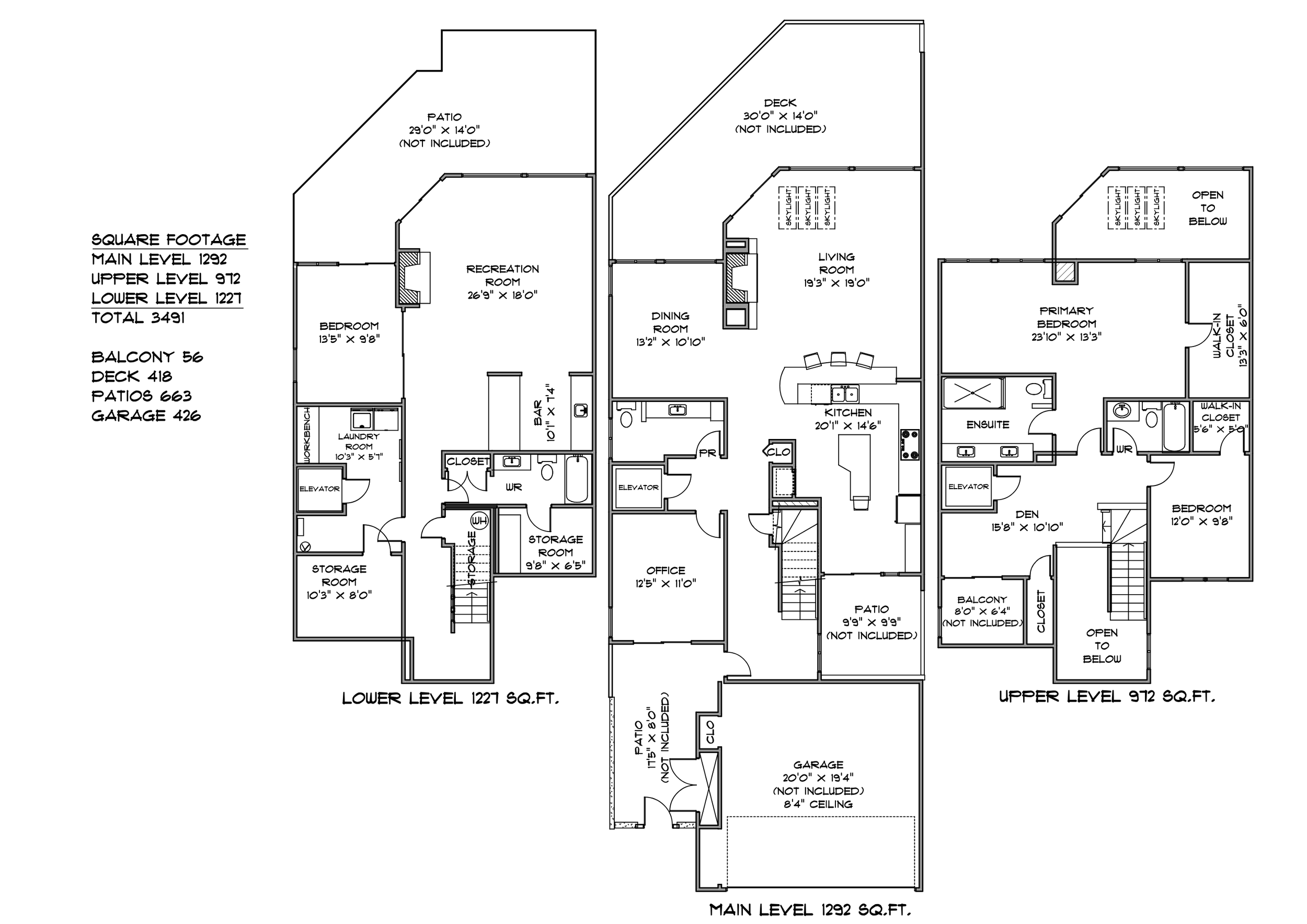A detailed architectural floor plan of a multi-level residential house outlining layout and room dimensions.