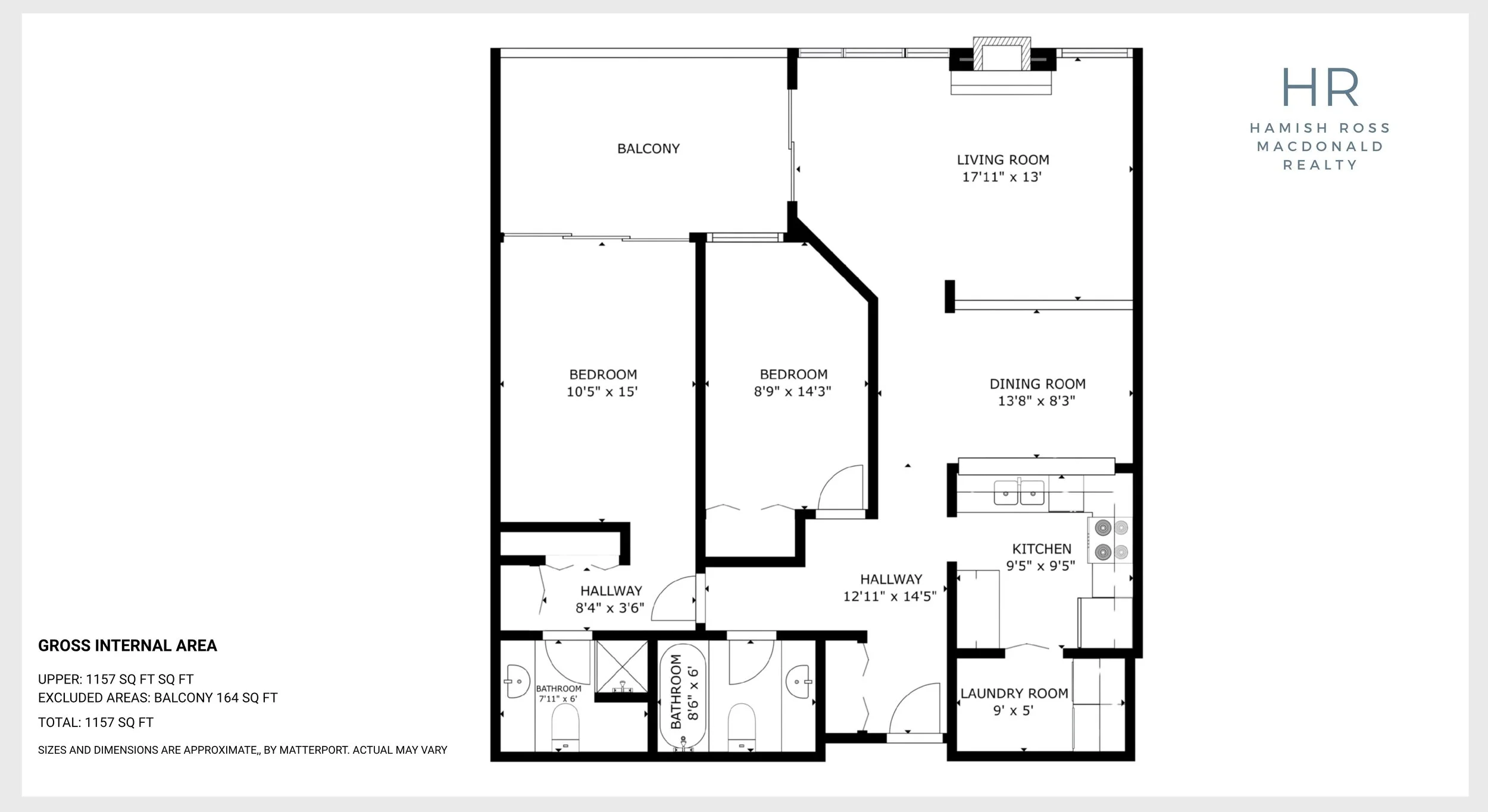 Floor plan of an apartment showing rooms including two bedrooms, a living room, dining room, kitchen, two bathrooms, laundry room, and balcony.