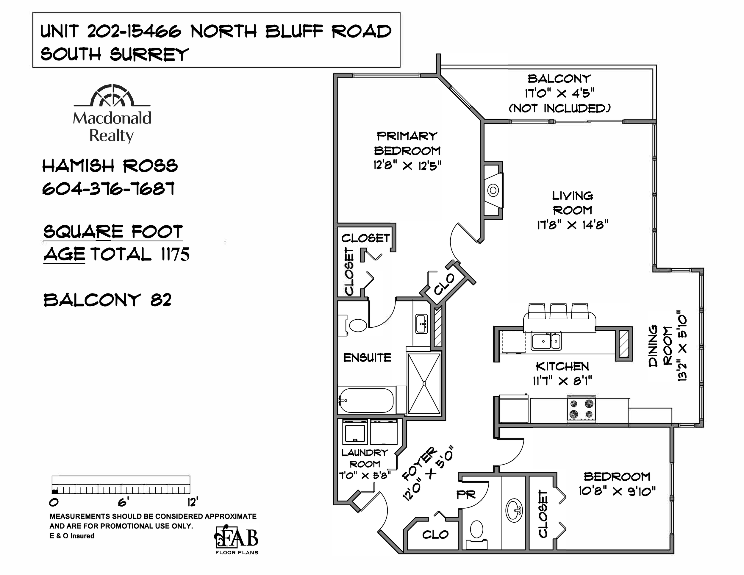 Floor plan of an apartment with labeled rooms including primary bedroom, second bedroom, living room, kitchen, dining room, laundry, and bathrooms, along with balcony details and dimensions.