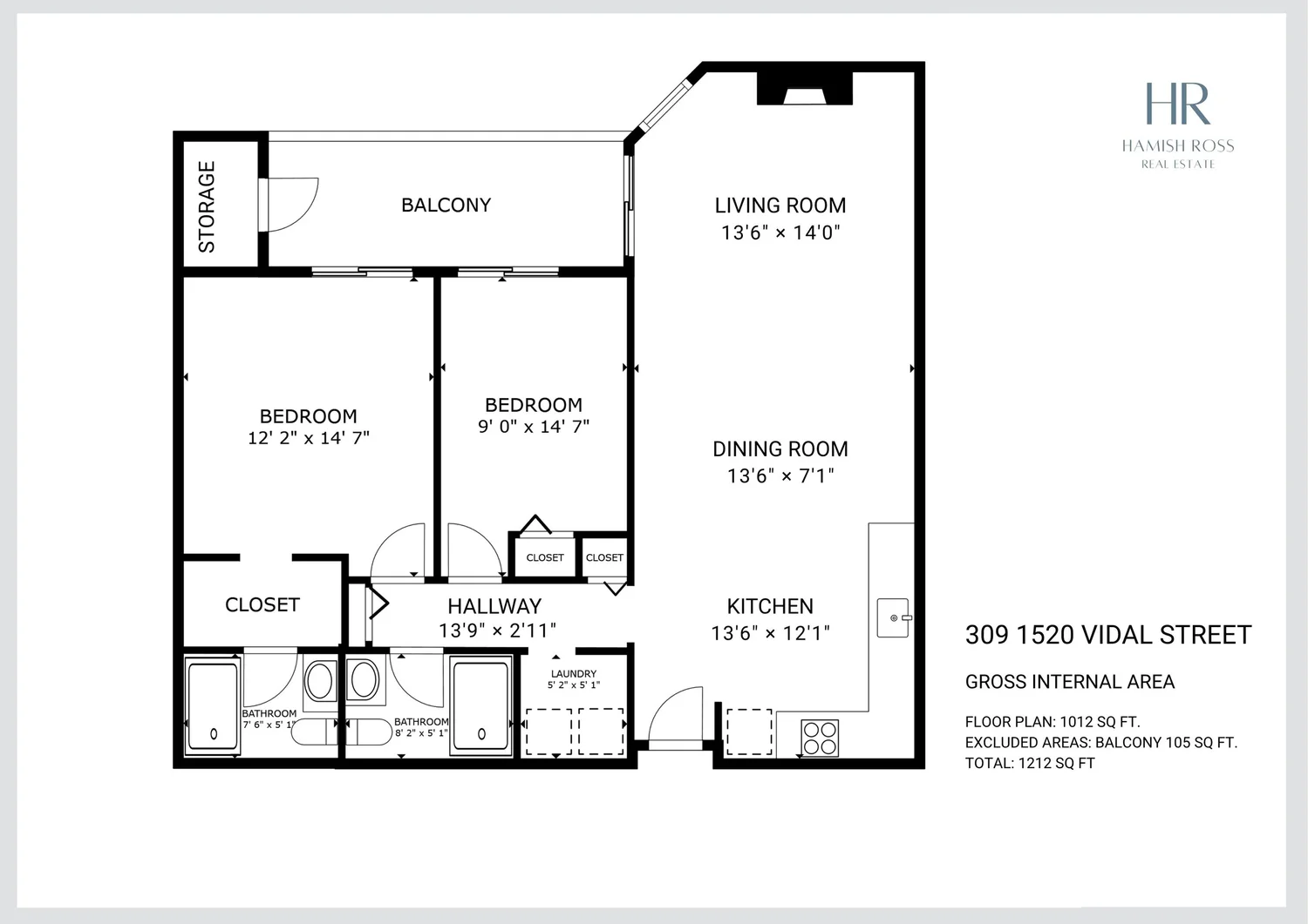 Floor plan of a residence showing rooms such as two bedrooms, two bathrooms, a kitchen, a dining room, a living room, a hallway, laundry, closet, and a balcony with storage, along with dimensions and layout.
