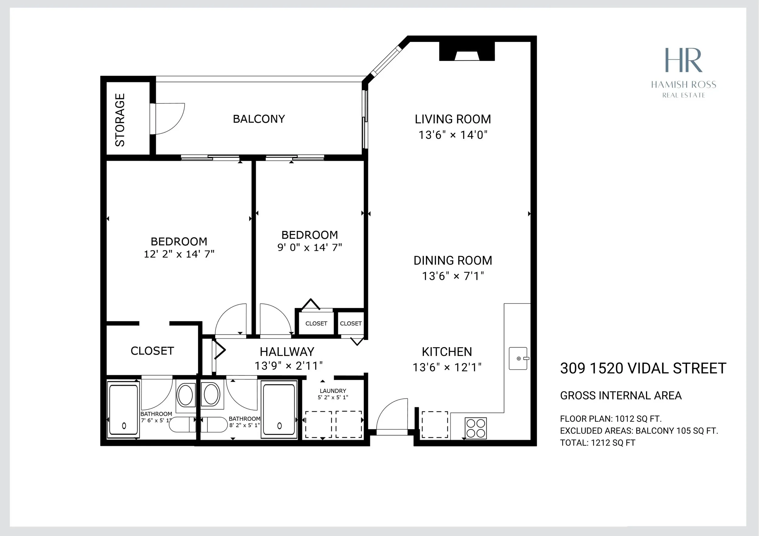Floor plan of a residence showing rooms such as two bedrooms, two bathrooms, a kitchen, a dining room, a living room, a hallway, laundry, closet, and a balcony with storage, along with dimensions and layout.