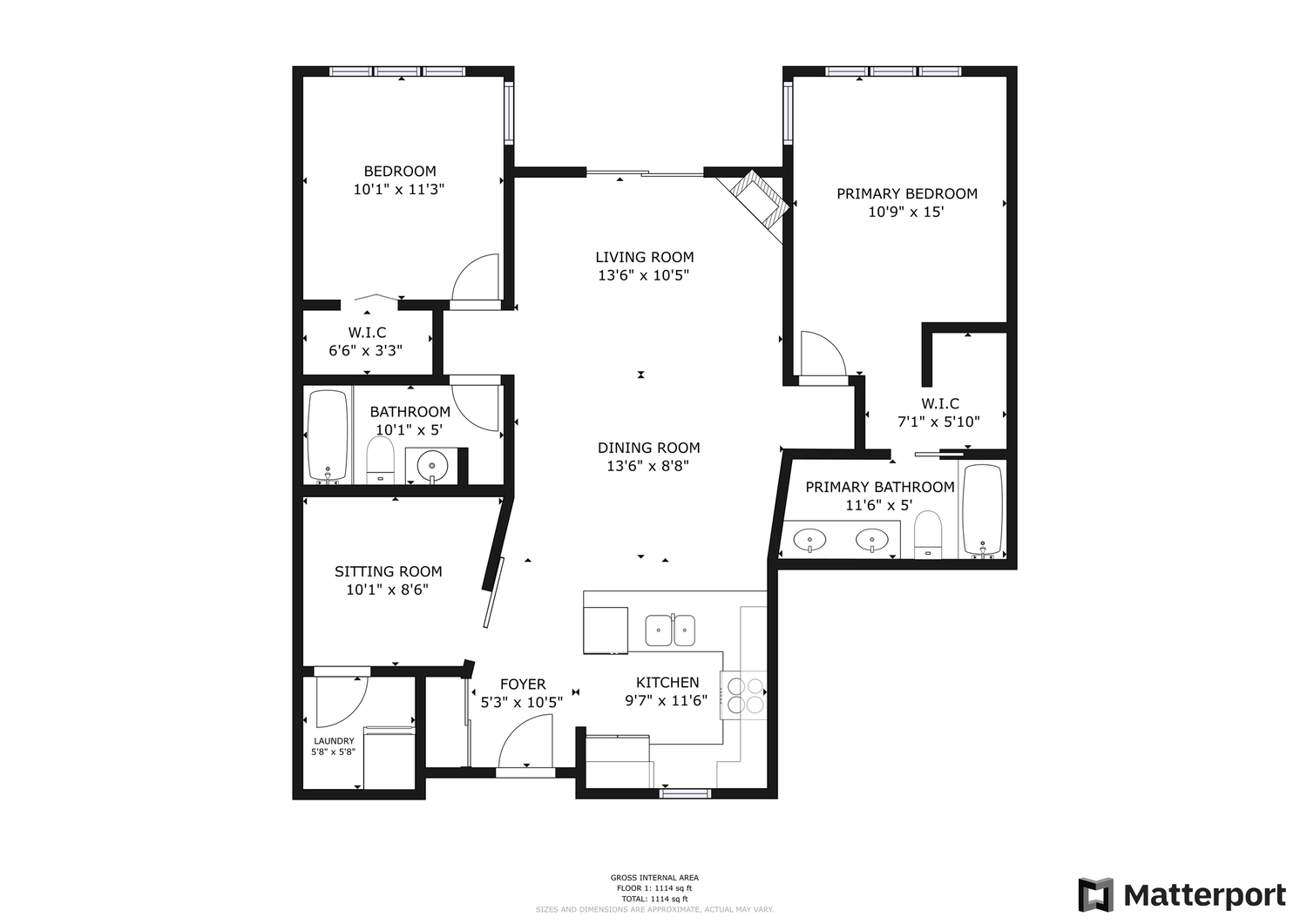 Floor plan of a house showing rooms including two bedrooms, two bathrooms, a living room, dining room, kitchen, sitting room, laundry room, and closets.