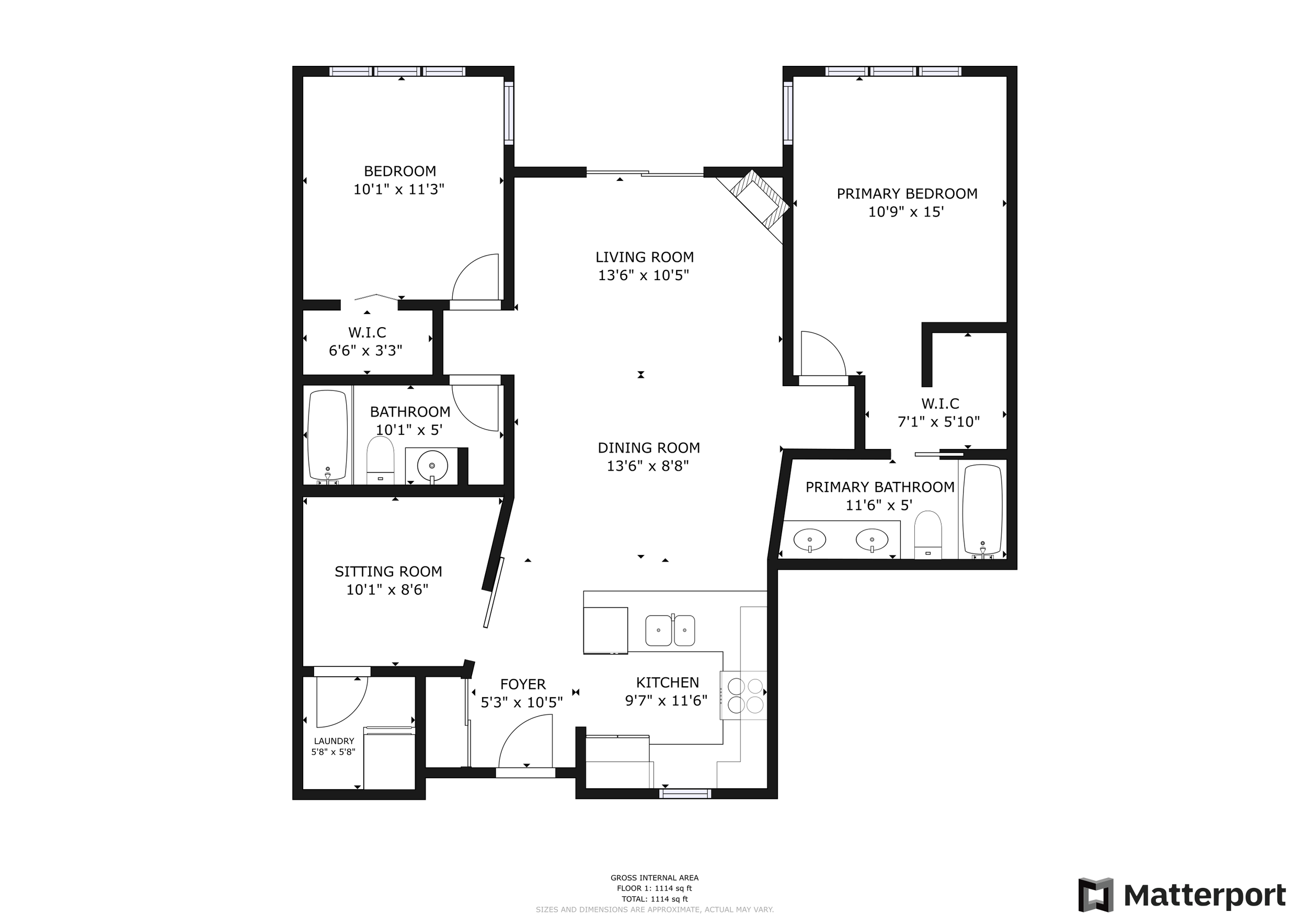 Floor plan of a house showing rooms including two bedrooms, two bathrooms, a living room, dining room, kitchen, sitting room, laundry room, and closets.